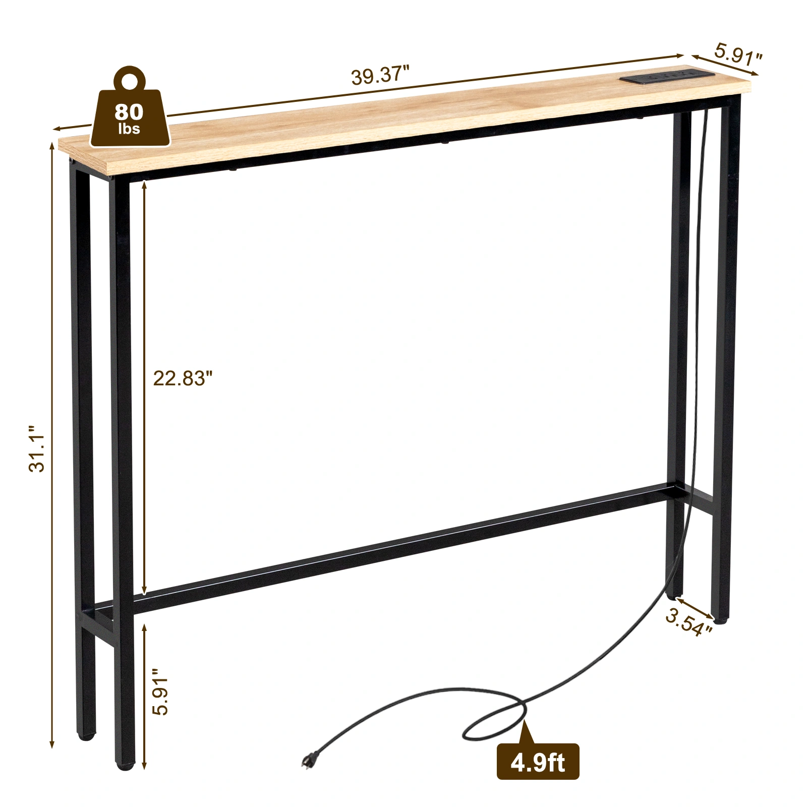 39.4" Narrow Console Sofa Table with Power Outlets and USB Ports, Skinny Couch Table with Metal Frame and Charge Station with 4.9ft Extension Cord, Oak view 14