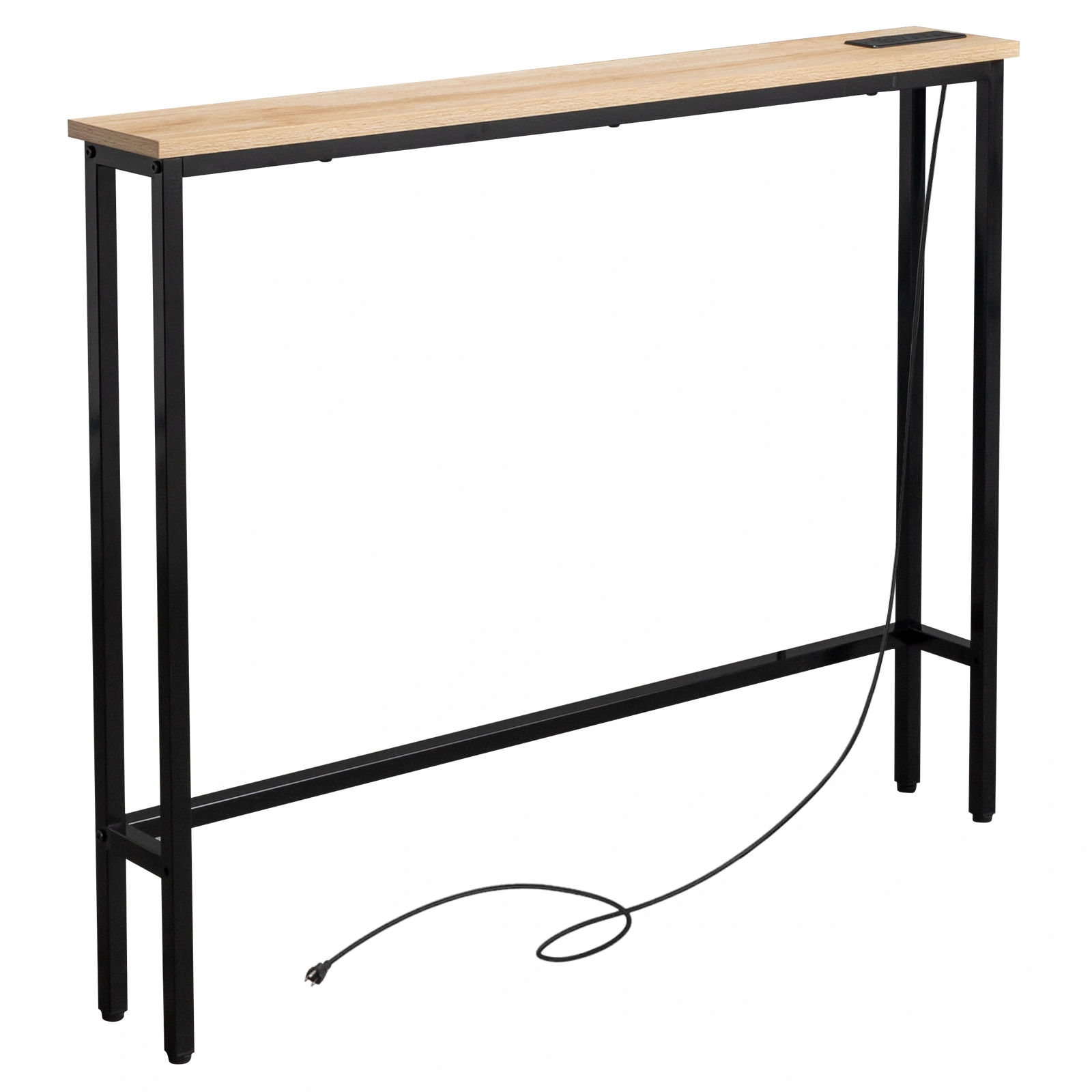 39.4" Narrow Console Sofa Table with Power Outlets and USB Ports, Skinny Couch Table with Metal Frame and Charge Station with 4.9ft Extension Cord, Oak view 2