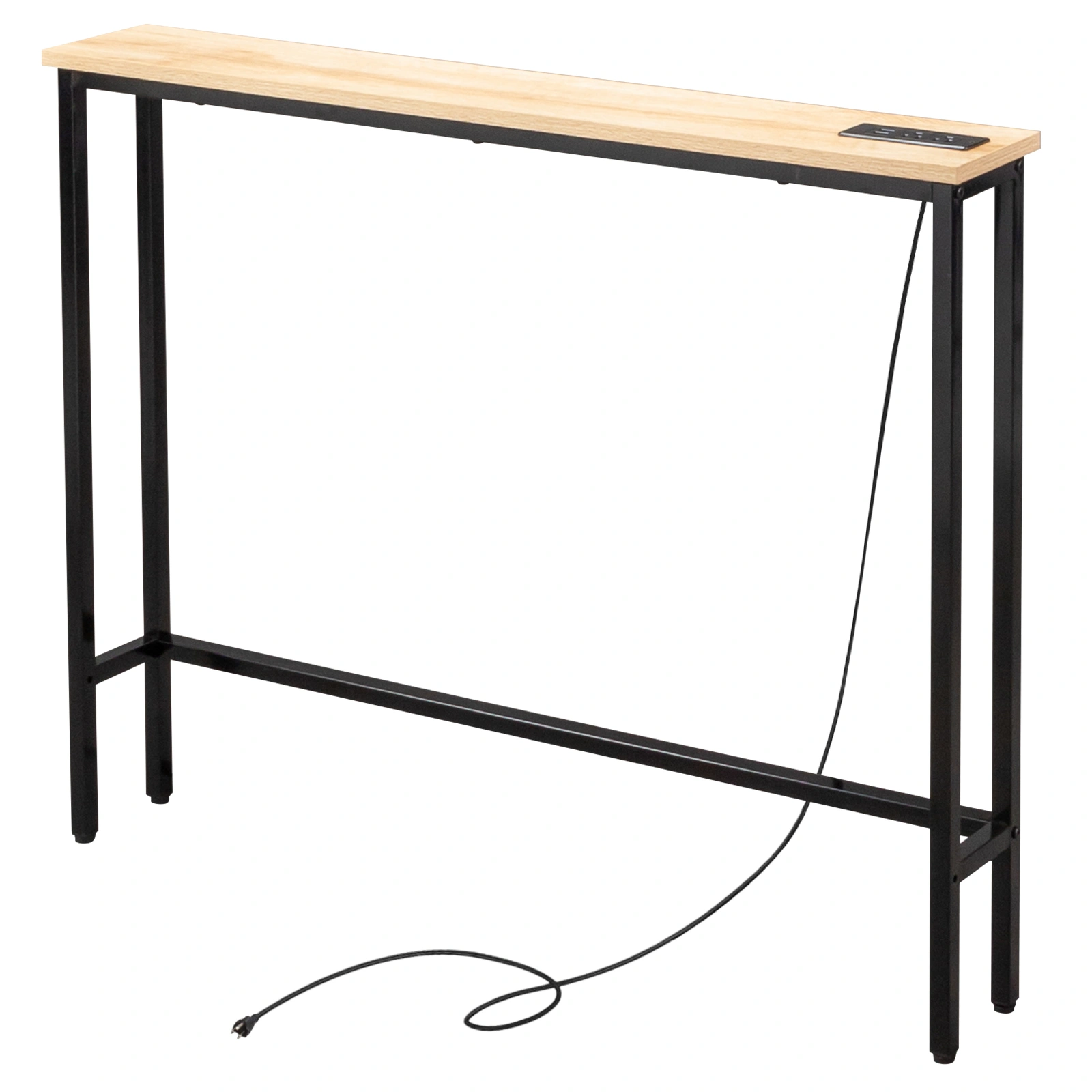 39.4" Narrow Console Sofa Table with Power Outlets and USB Ports, Skinny Couch Table with Metal Frame and Charge Station with 4.9ft Extension Cord, Oak view 3