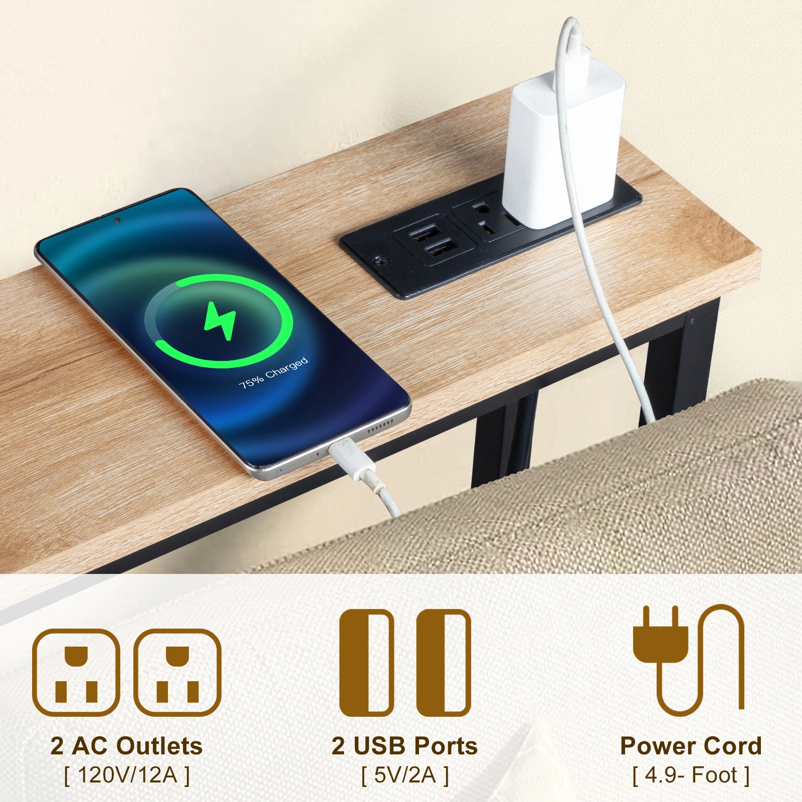 39.4" Narrow Console Sofa Table with Power Outlets and USB Ports, Skinny Couch Table with Metal Frame and Charge Station with 4.9ft Extension Cord, Oak view 7
