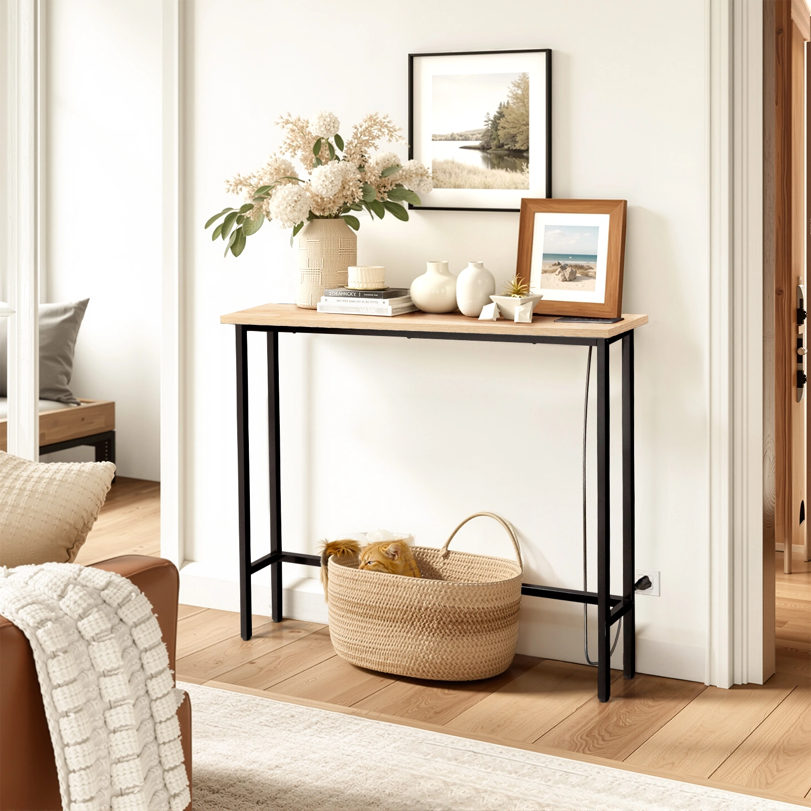 39.4" Narrow Console Sofa Table with Power Outlets and USB Ports, Skinny Couch Table with Metal Frame and Charge Station with 4.9ft Extension Cord, Oak view 8