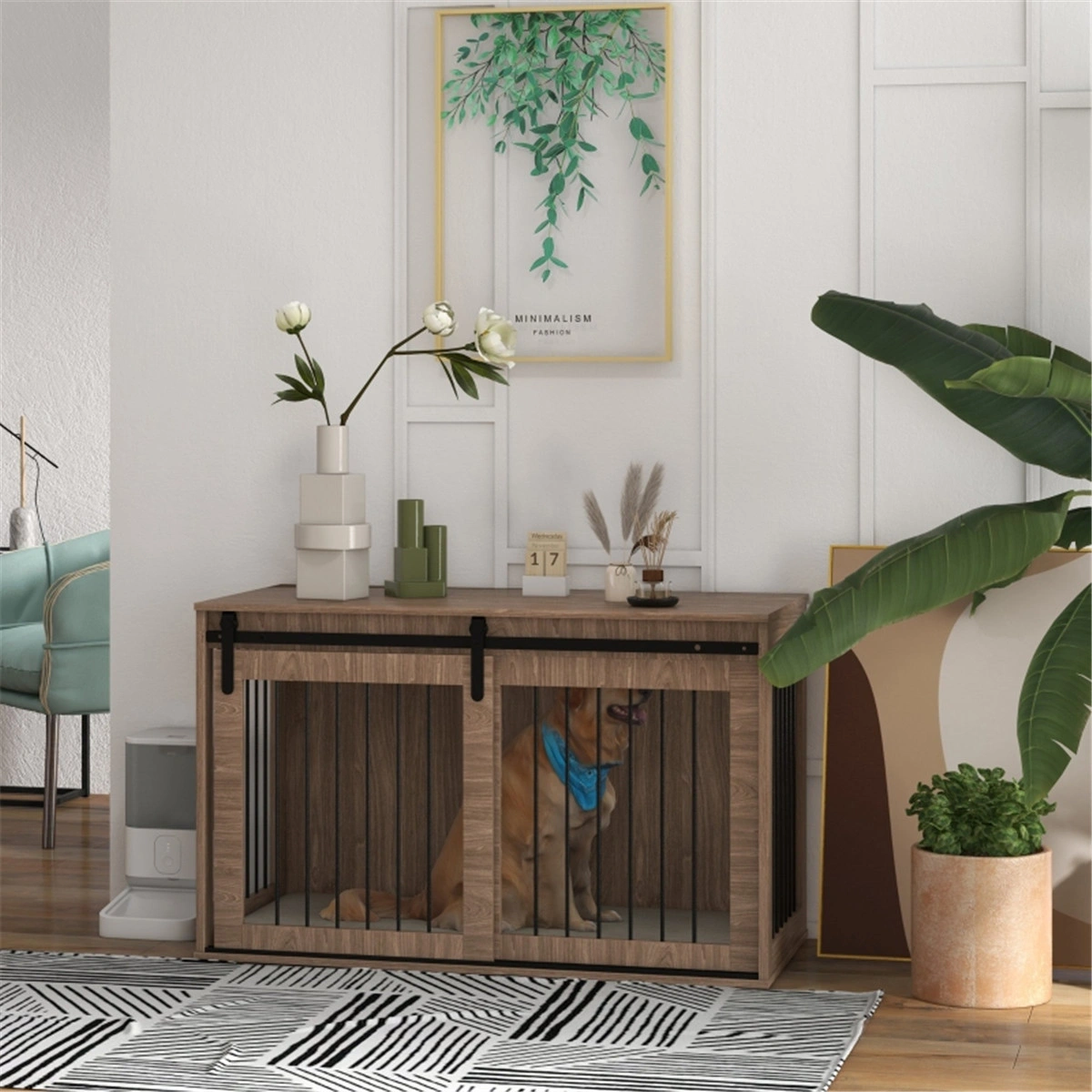 118CM Large Dog Crate Metal Foldable Pet Cage with Double Door Heavy Duty Indoor Outdoor Kennel