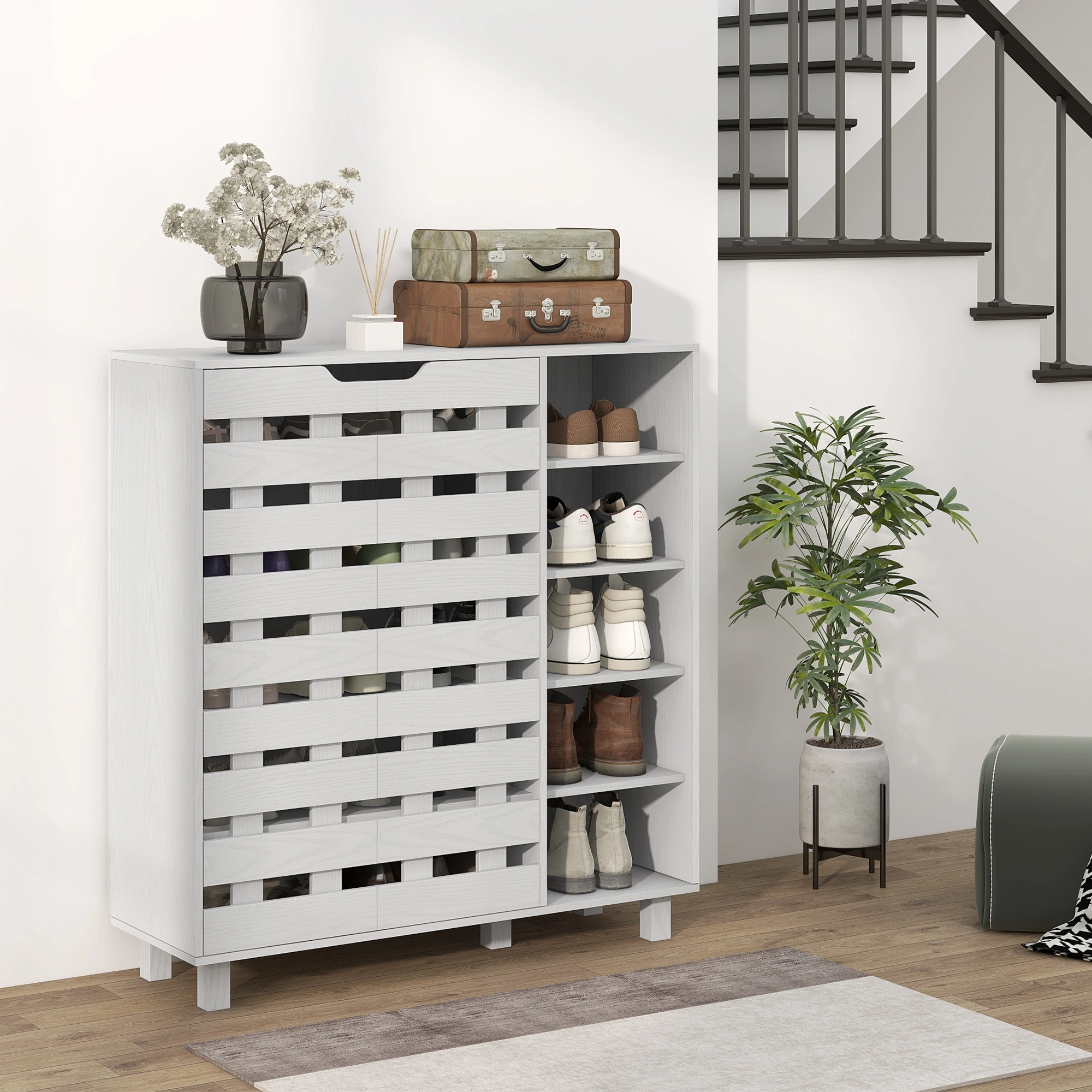 Wide Shoe Storage Cabinet - Low Profile Entryway Shoe Rack with Lid, Holds Up to 8 Pairs, Gray view 2
