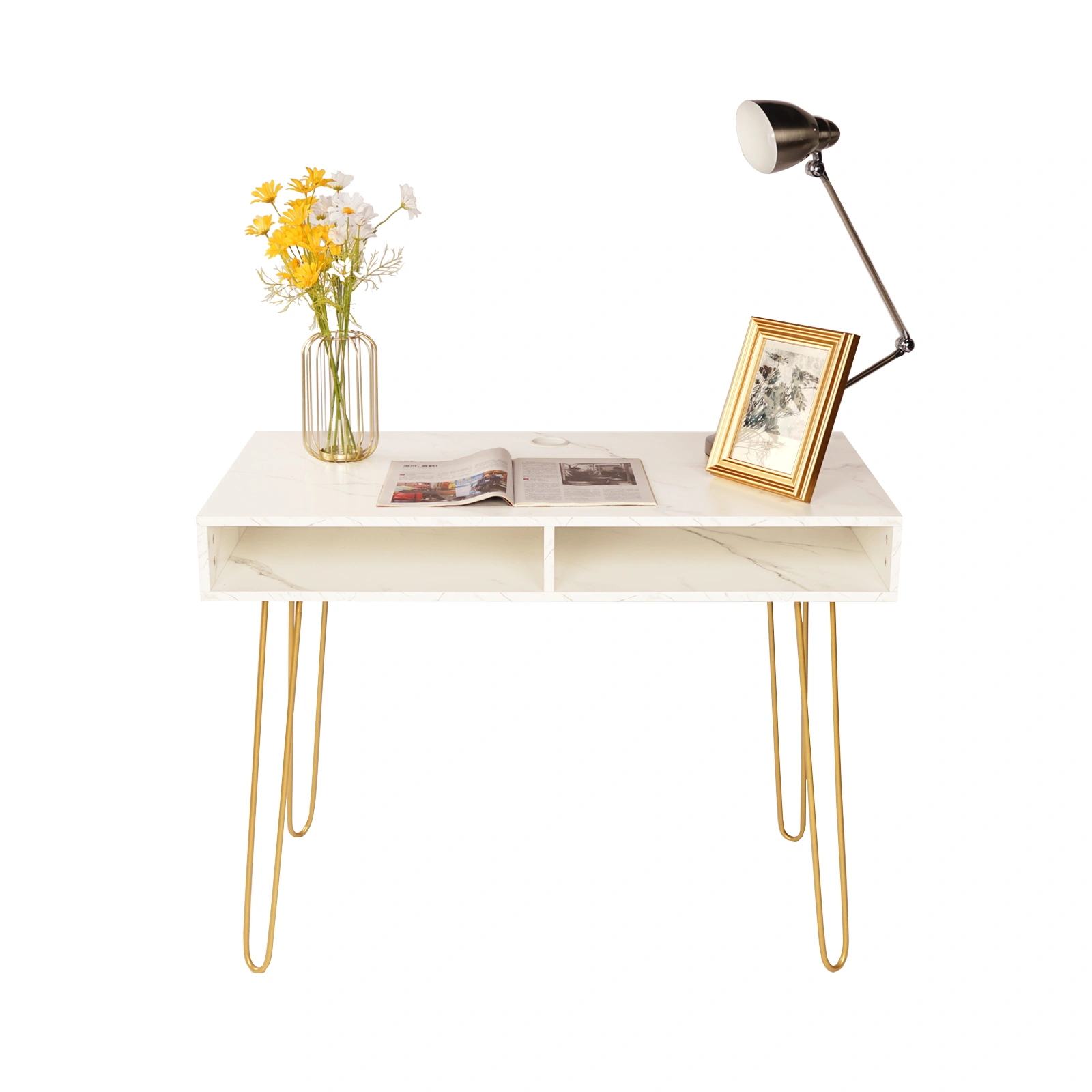 White Marble Top Computer Desk with Iron Metal Legs Modern Writing Table Workstation view 3