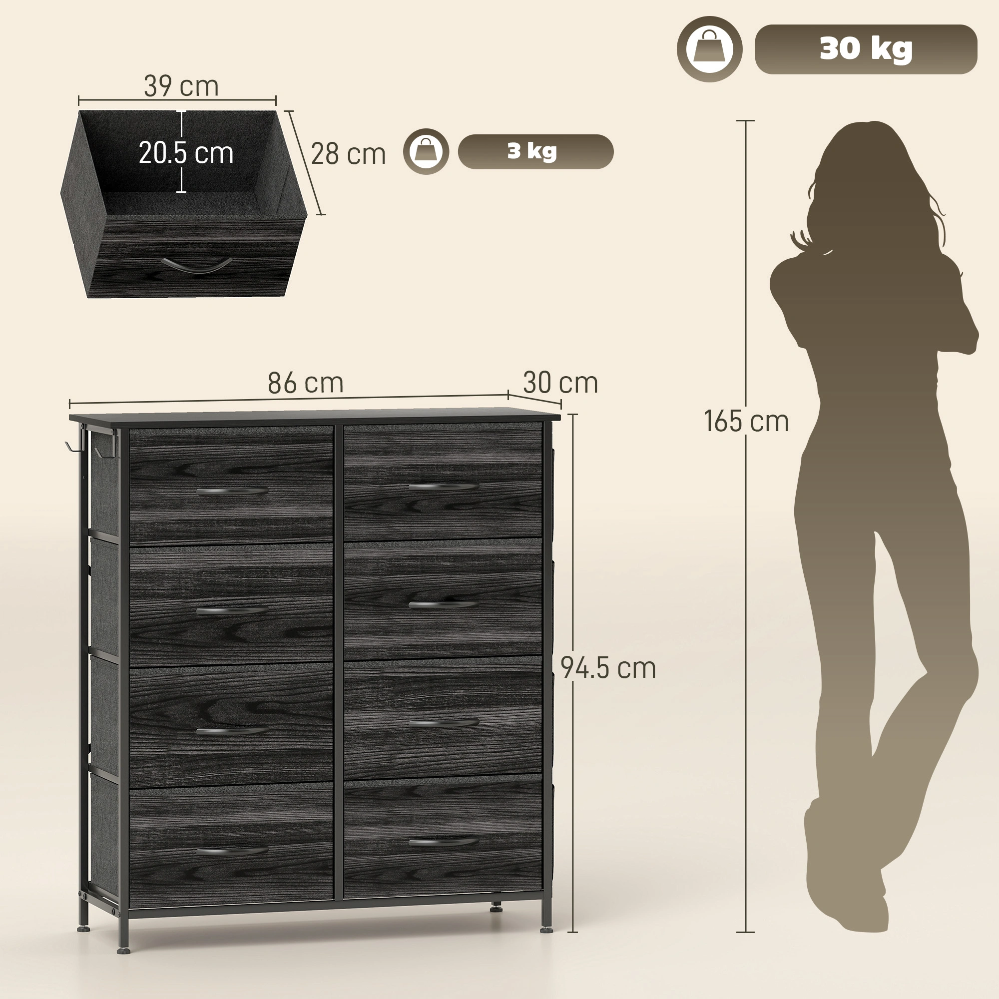 3-Drawer Wood Storage Chest 30x15x20 inch Natural Finish Bedroom Organizer Model WD-100 Qty 1 view 2