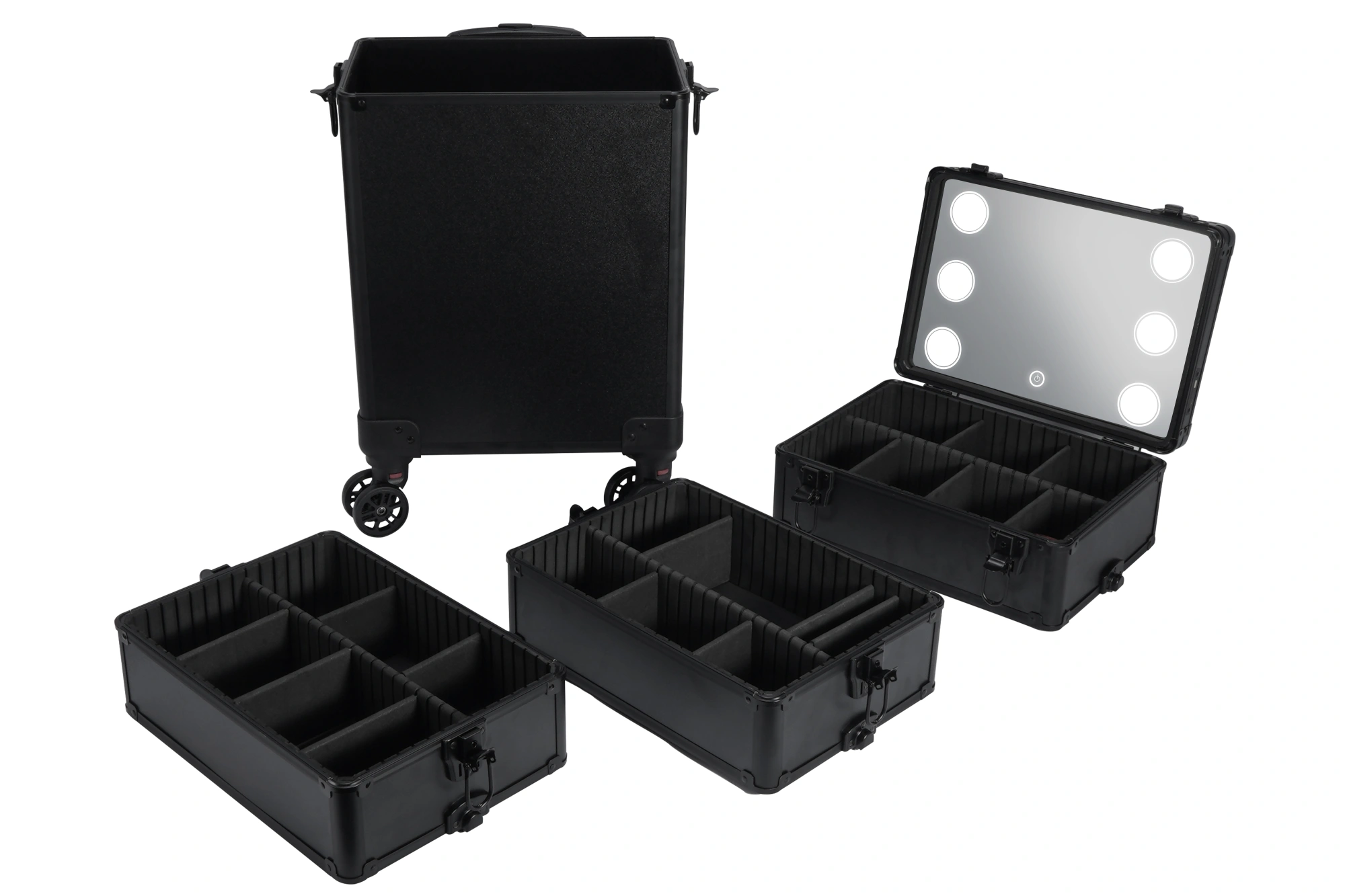 4-in-1 Draw-bar Style Interchangeable Aluminum Rolling Makeup Case-BLACK view 7