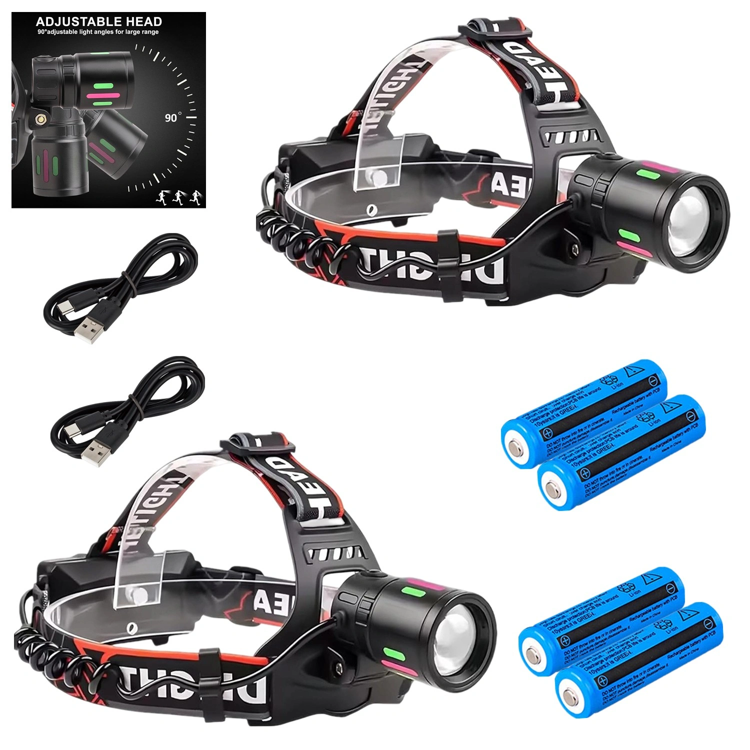 2 Pack USB Rechargeable LED Headlamp, Zoomable 3 Modes Head Light for Camping Hiking Work Light