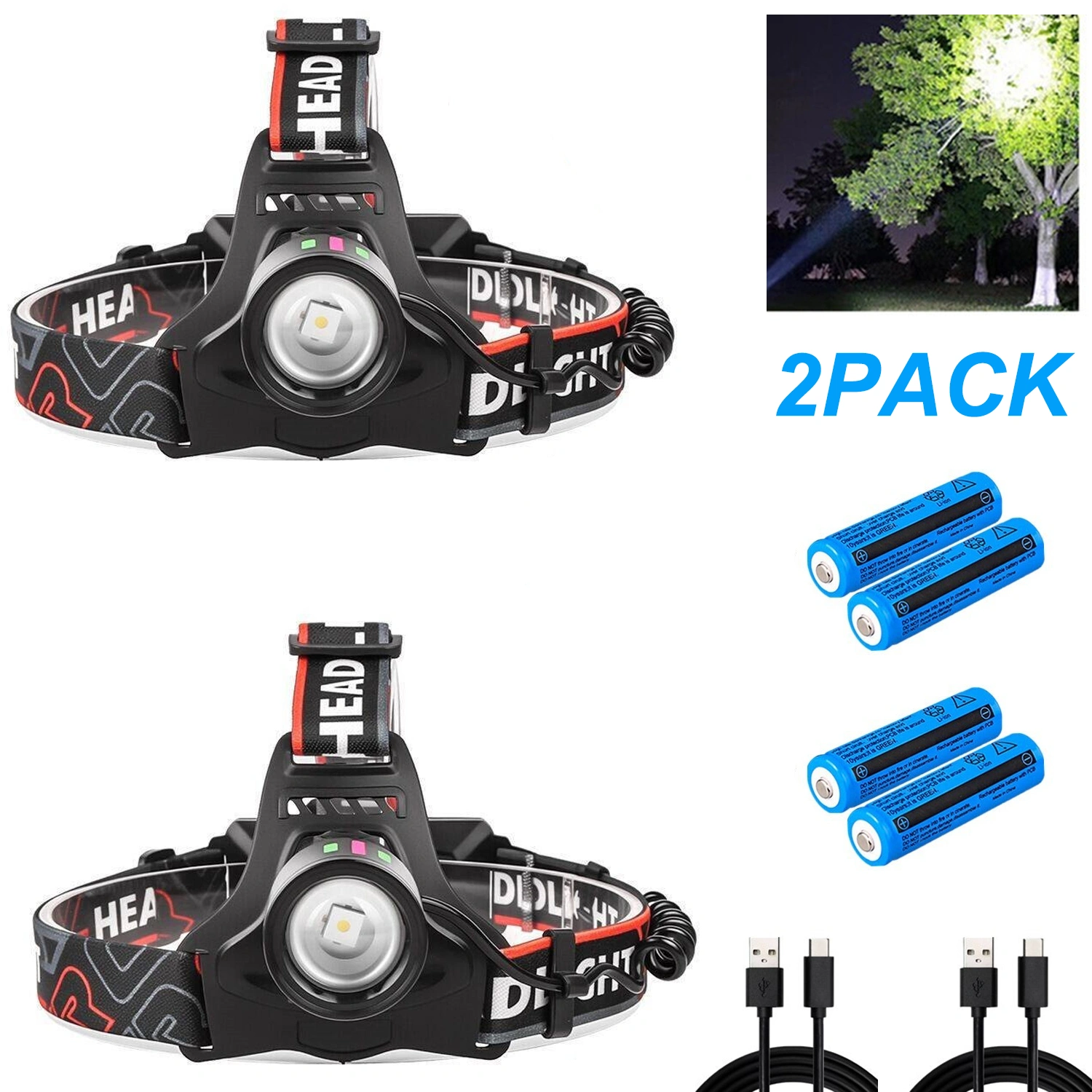 2 Pack USB Rechargeable LED Headlamp, Zoomable 3 Modes Head Light for Camping Hiking Work Light view 2