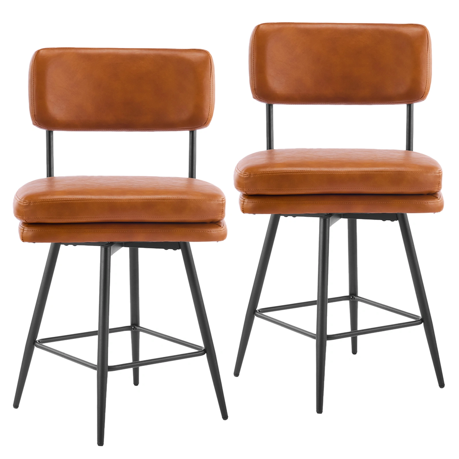 2 Pcs Brown PU Swivel Bar Stools with Removable Backrest Double Layer Seat Metal Legs view 2