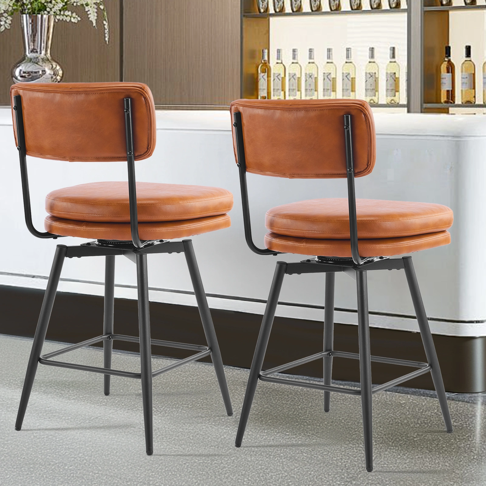 2 Pcs Brown PU Swivel Bar Stools with Removable Backrest Double Layer Seat Metal Legs view 3