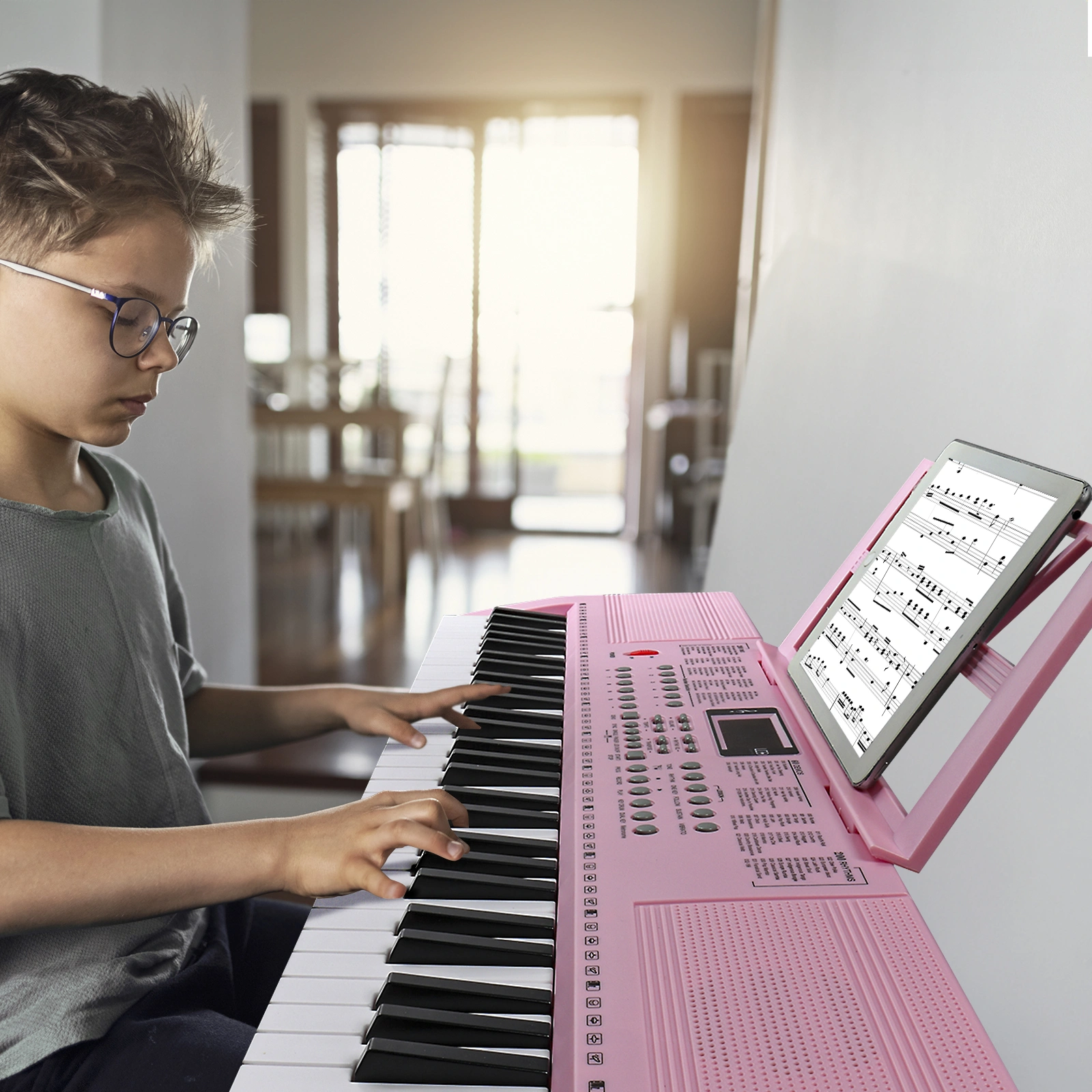 GEP-110 61 Key Keyboard with Piano Stand, Piano Bench, Built In Speakers, Headphone, Microphone, Music Rest, LED Screen, 3 Teaching Modes for Beginners view 9