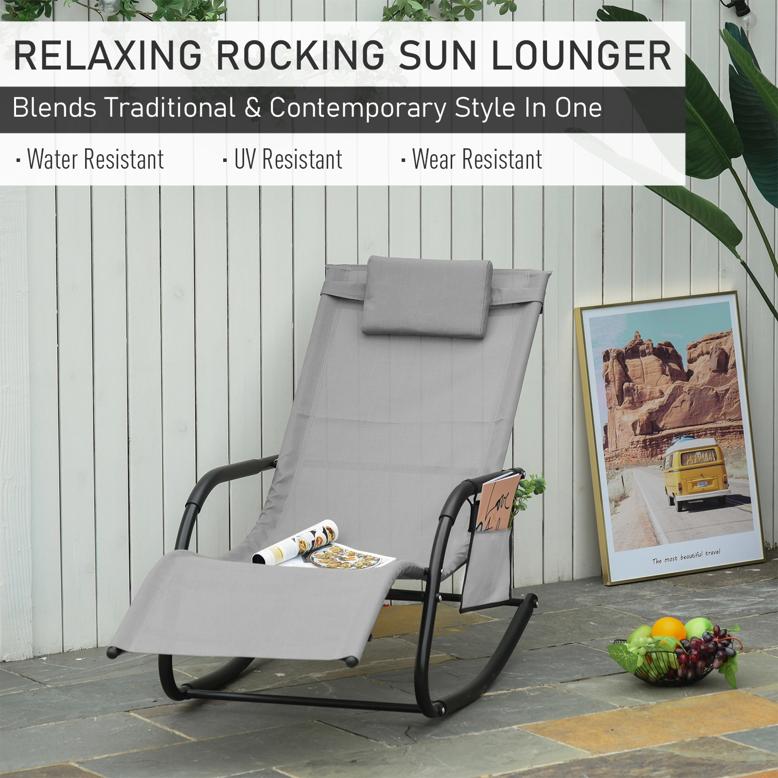 Garden Rocking Chair - Outdoor Patio Chair with Cushioned Seat, Classic Wood Rocking Chair for Porch, Deck, and Yard Relaxation view 2