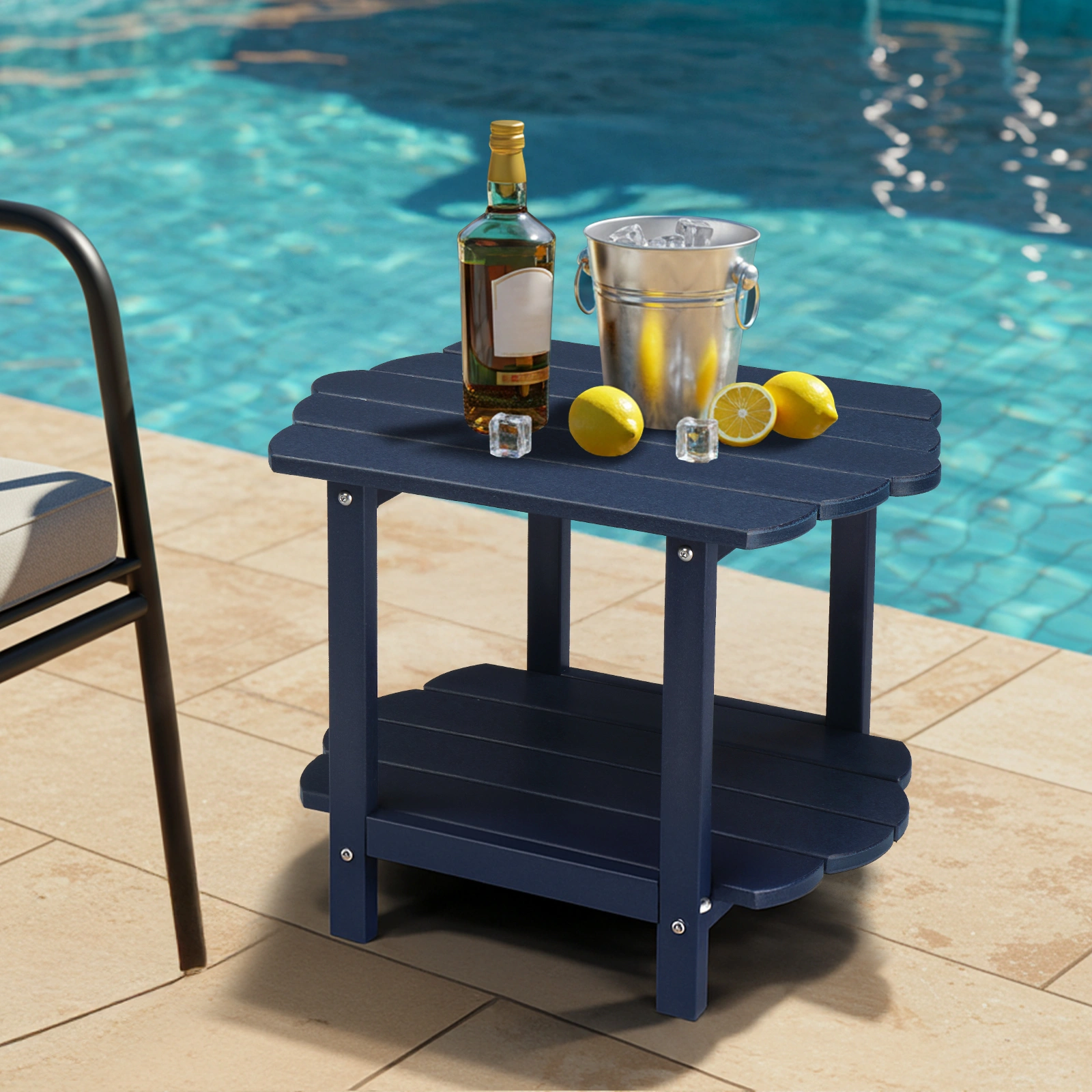 2-Tier Outdoor Side Table, HDPE Adirondack Table Patio Side Table, Weather Resistant End Table Small Outdoor Table, Navy Blue view 10