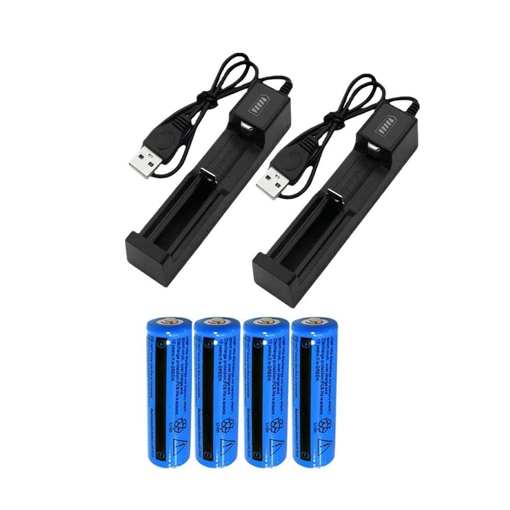 4 Pack 18650 Rechargeable Batteries + 2 PC USB Charger Set for Flashlight Headlamp