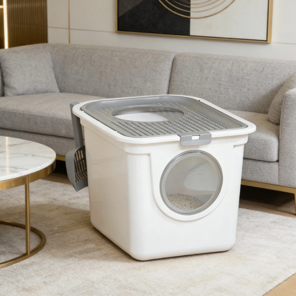 Self-Closing Cat Litter Box with Hood & Carbon Filter, Large Extra-Wide Litter Box for Kittens and Cats, Odor-Controlling Covered Litter Box