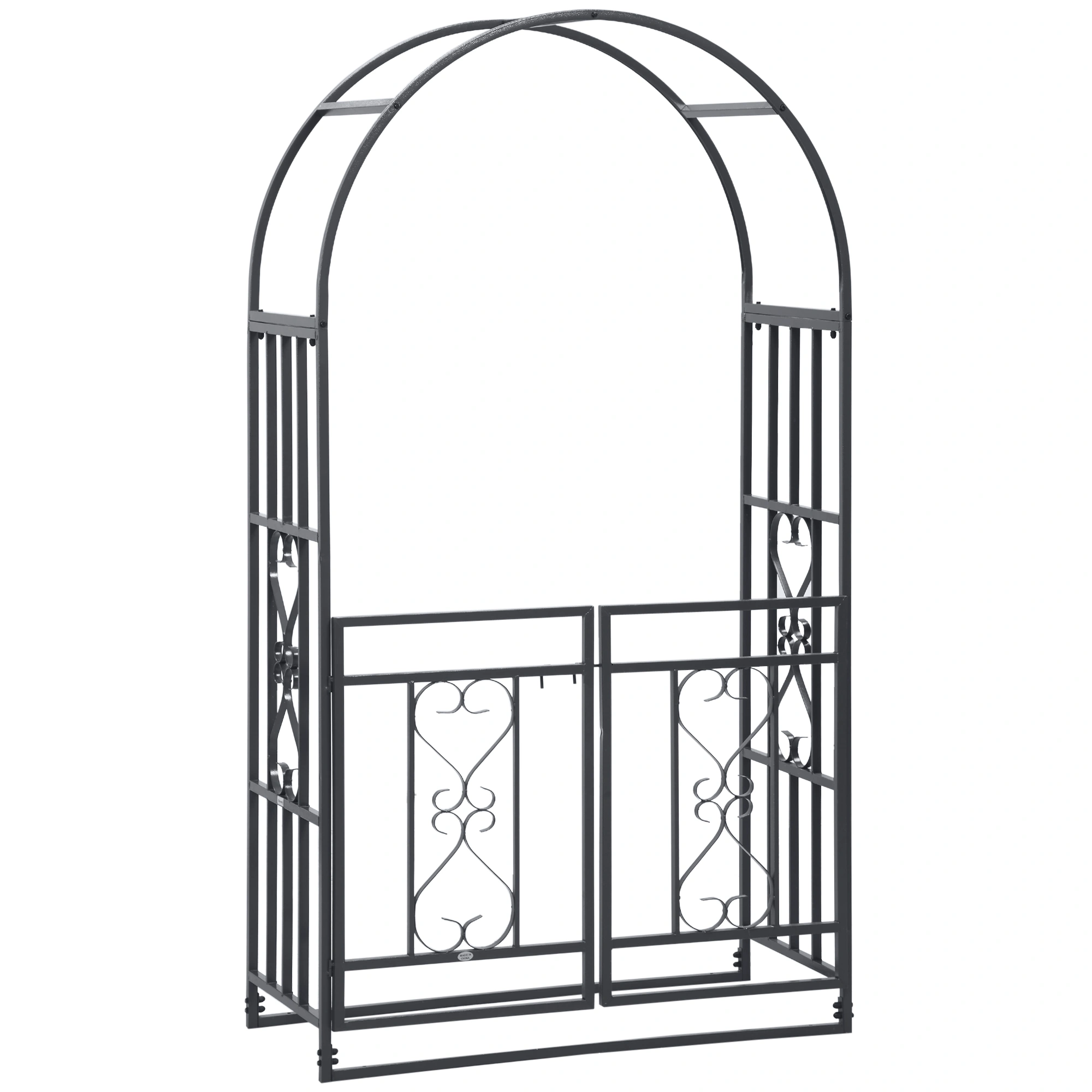 81" Grey Metal Garden Arbor with Double Doors & Locking Gate, Heart Motif Trellis Archway for Wedding Decoration