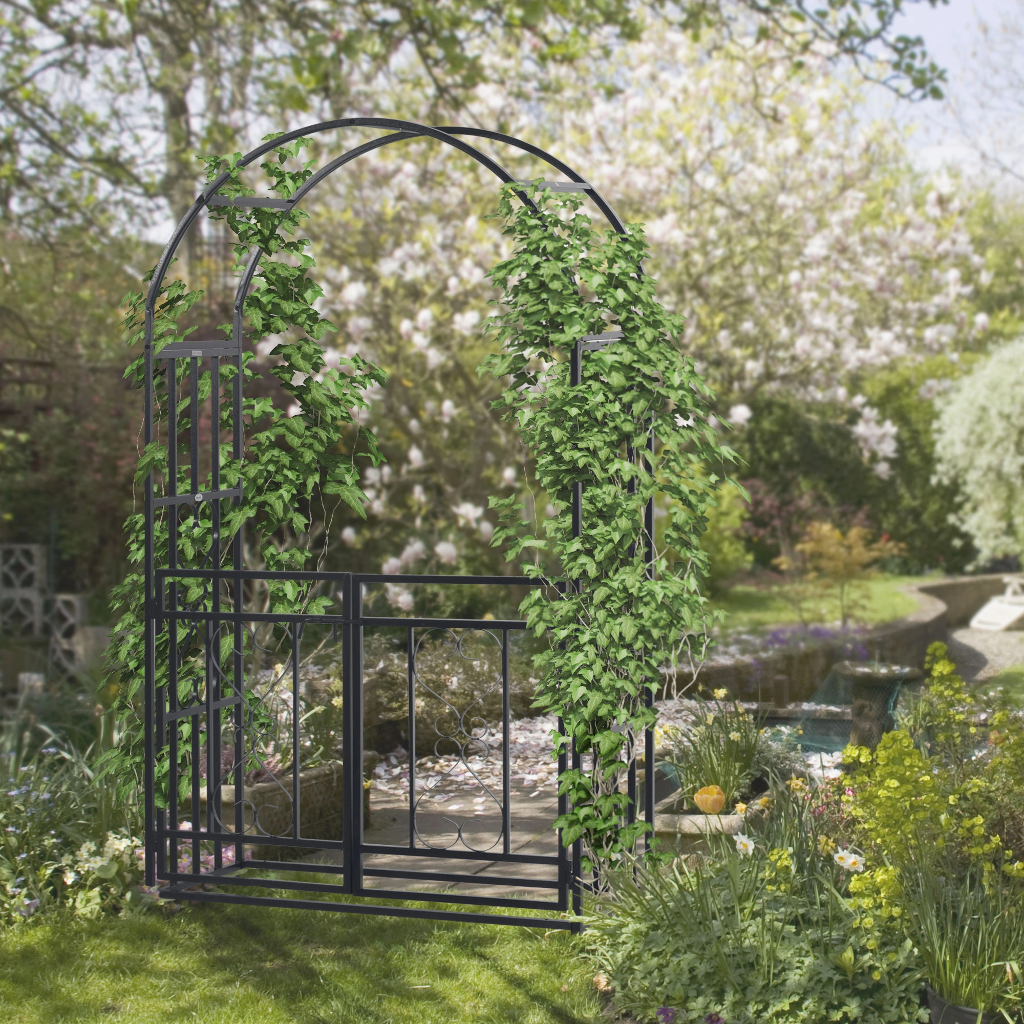 81" Grey Metal Garden Arbor with Double Doors & Locking Gate, Heart Motif Trellis Archway for Wedding Decoration view 2