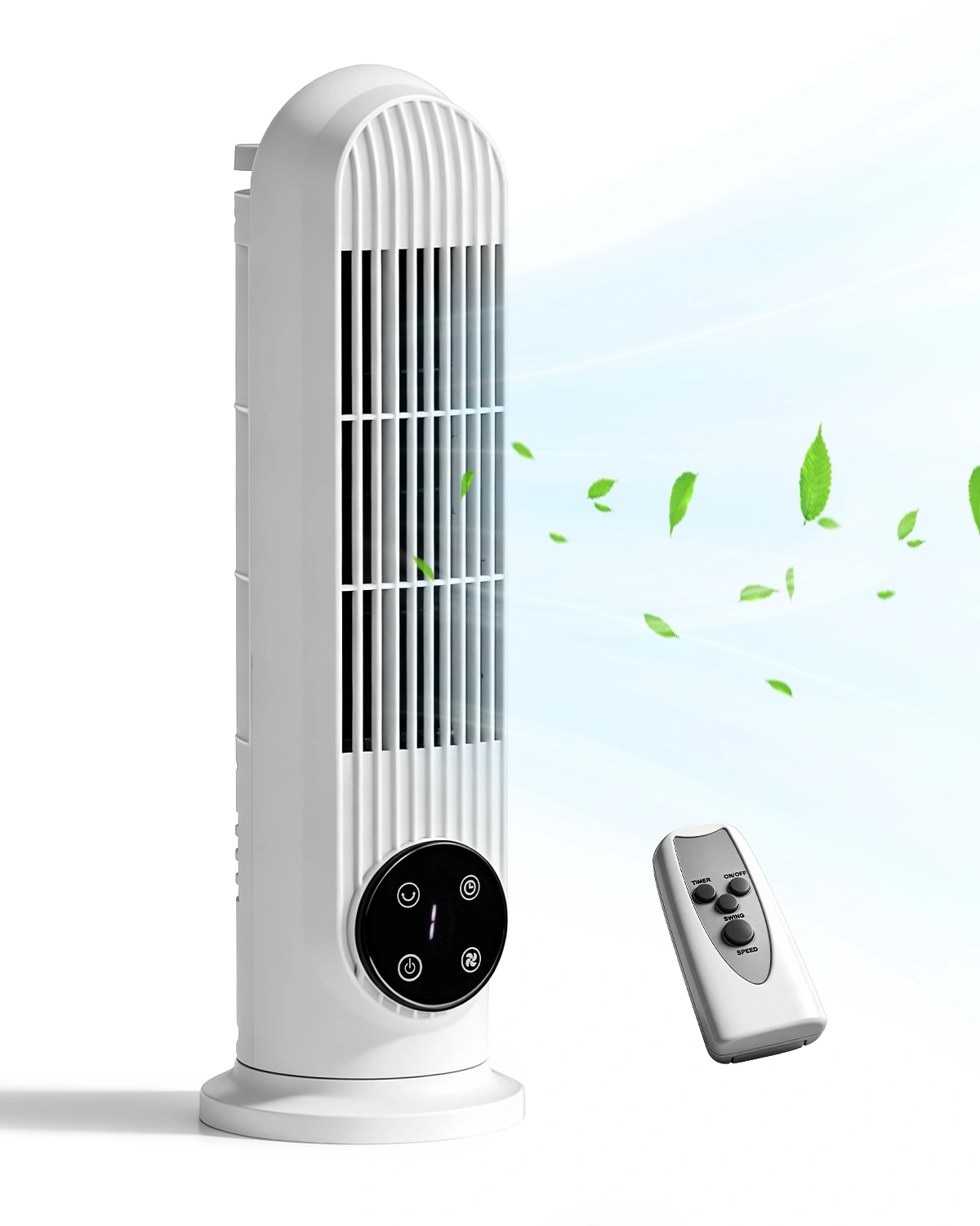 US Standard RTW-CR Tower Fan, 110V, 25W, 16 Inch Mini Column Tower Fan, Touch Control with Remote, Plastic Body, Copper Motor, White, 3 Speed, Oscillating, 9-Hour Timer, Floor & Wall Mount for Home Use