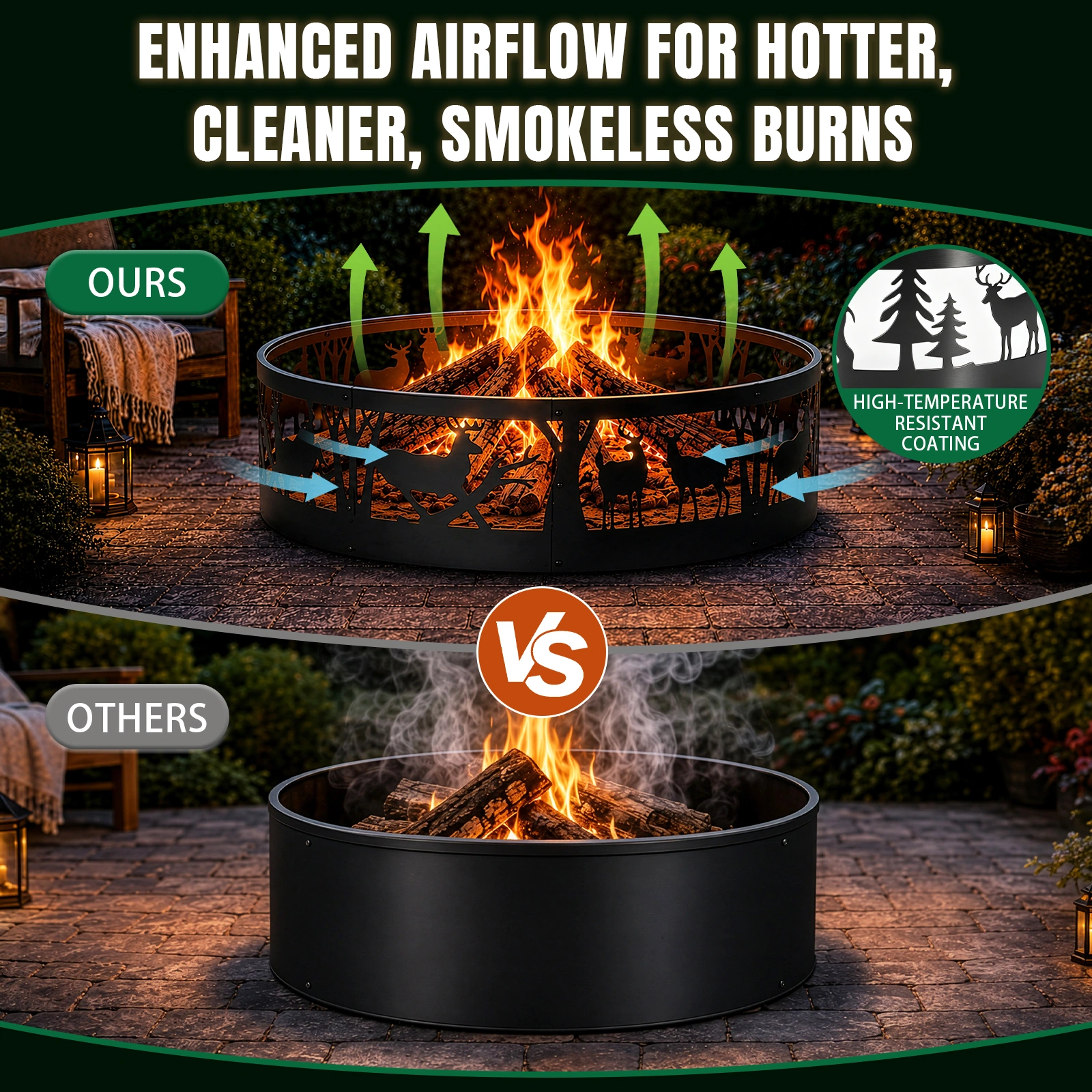 40 Inch Round Fire Ring with Elk Pattern, Heavy Duty Wrought Iron Fire Pit Ring for Outdoor Camping view 10