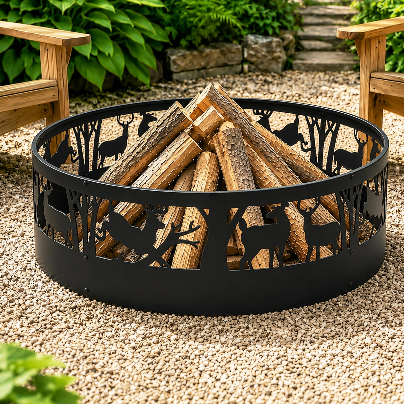 40 Inch Round Fire Ring with Elk Pattern, Heavy Duty Wrought Iron Fire Pit Ring for Outdoor Camping view 14