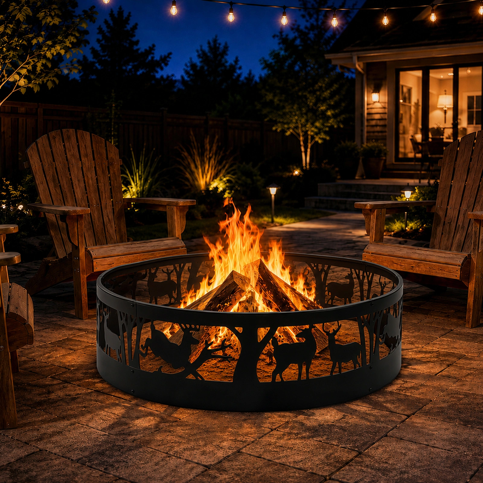 40 Inch Round Fire Ring with Elk Pattern, Heavy Duty Wrought Iron Fire Pit Ring for Outdoor Camping view 16