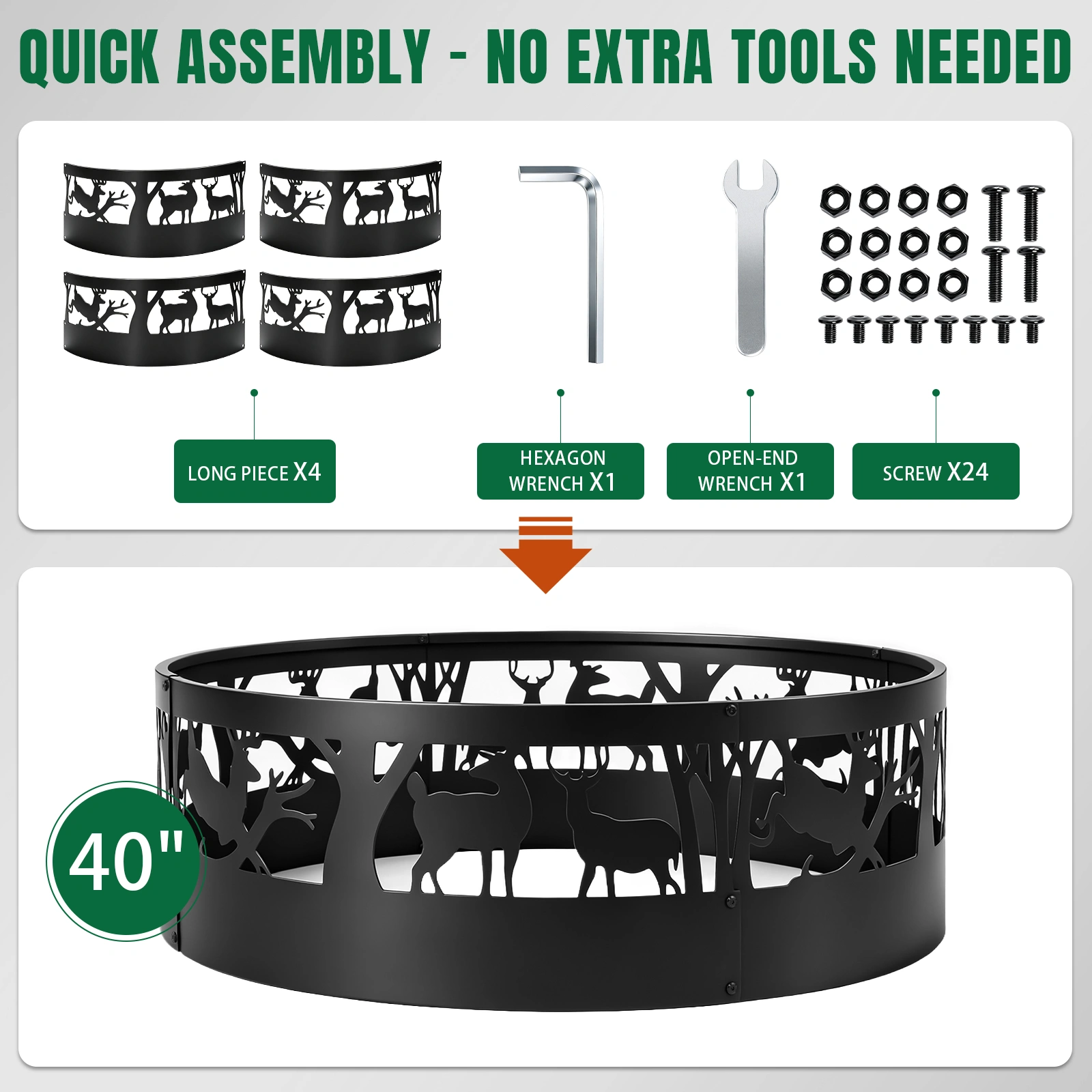 40 Inch Round Fire Ring with Elk Pattern, Heavy Duty Wrought Iron Fire Pit Ring for Outdoor Camping view 7