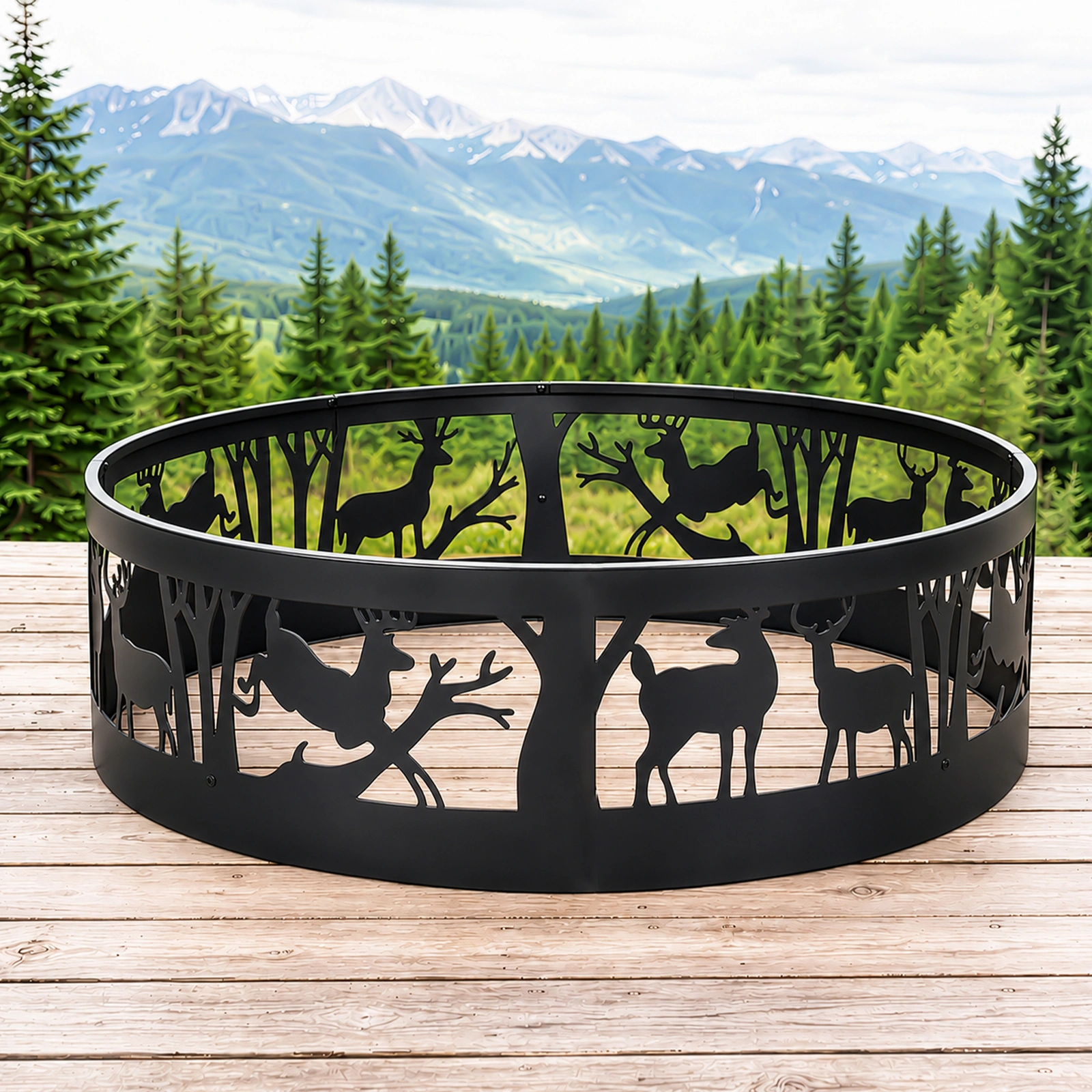 40 Inch Round Fire Ring with Elk Pattern, Heavy Duty Wrought Iron Fire Pit Ring for Outdoor Camping view 9