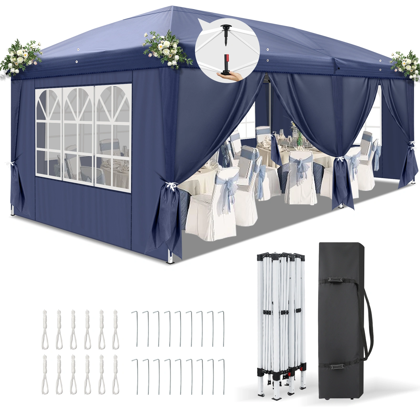 10'x20' Instant Pop Up Canopy Tent Blue, 6 Side Panels 2 Doors 4 Mesh Windows, 28/22mm Powder Coated Steel Frame, 10x20mm Crossbar, 210D Oxford Outdoor Folding Tent with Carry Bag, No Sandbags view 2