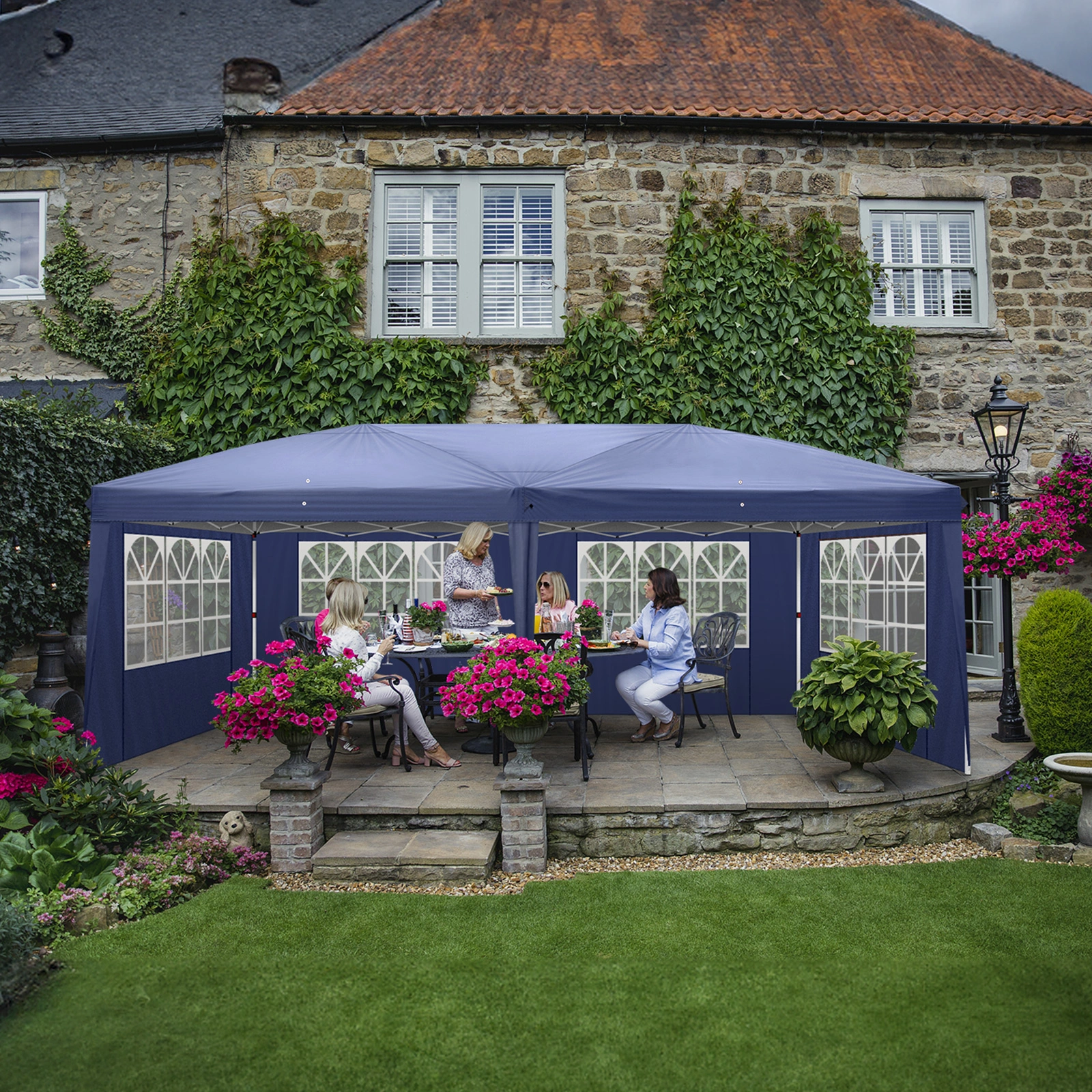 10'x20' Instant Pop Up Canopy Tent Blue, 6 Side Panels 2 Doors 4 Mesh Windows, 28/22mm Powder Coated Steel Frame, 10x20mm Crossbar, 210D Oxford Outdoor Folding Tent with Carry Bag, No Sandbags view 26