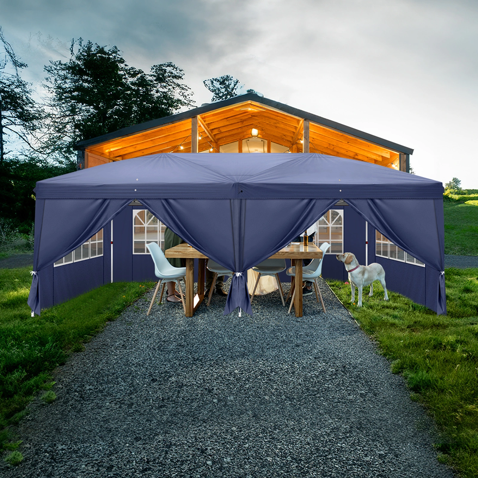 10'x20' Instant Pop Up Canopy Tent Blue, 6 Side Panels 2 Doors 4 Mesh Windows, 28/22mm Powder Coated Steel Frame, 10x20mm Crossbar, 210D Oxford Outdoor Folding Tent with Carry Bag, No Sandbags view 28