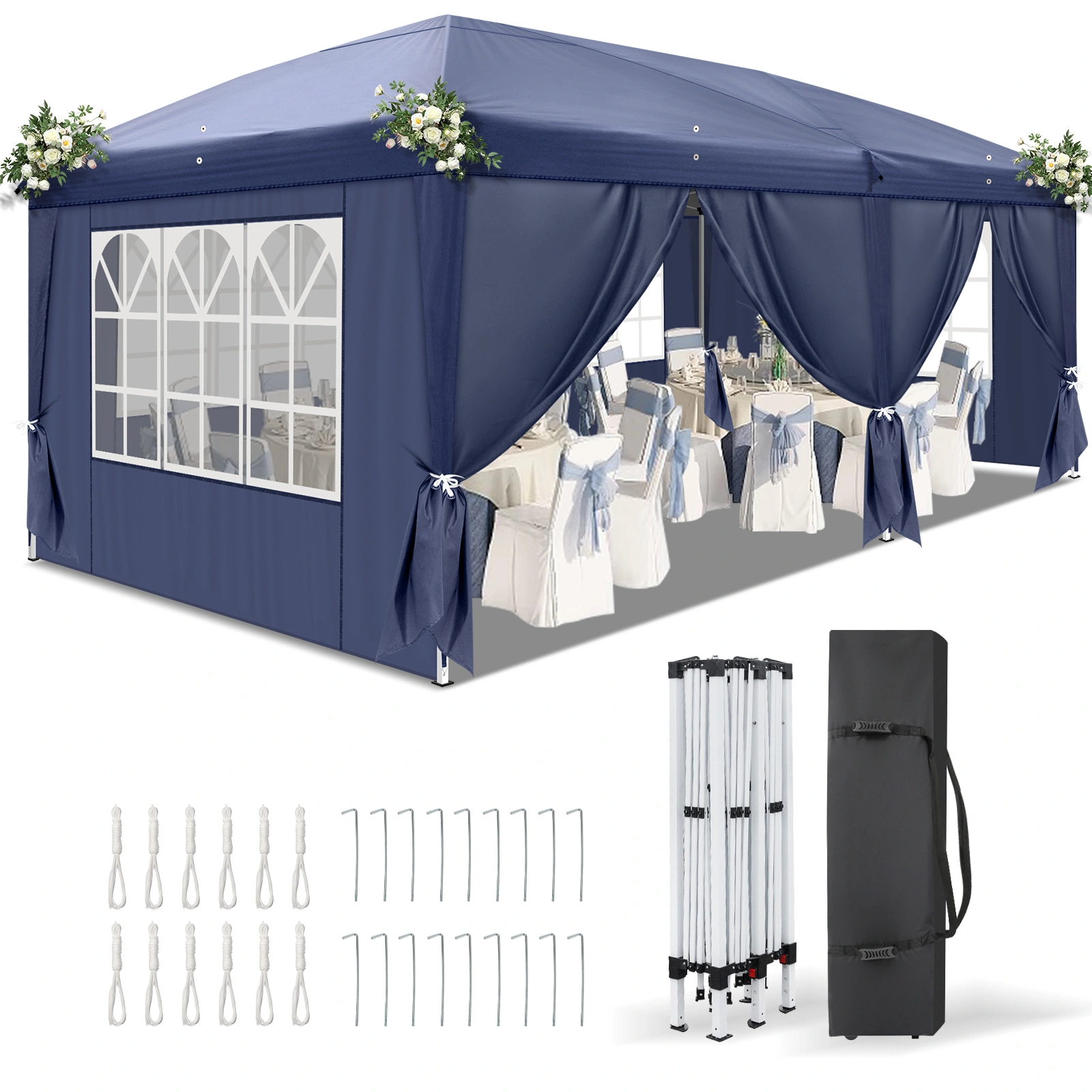 10'x20' Instant Pop Up Canopy Tent Blue, 6 Side Panels 2 Doors 4 Mesh Windows, 28/22mm Powder Coated Steel Frame, 10x20mm Crossbar, 210D Oxford Outdoor Folding Tent with Carry Bag, No Sandbags view 3