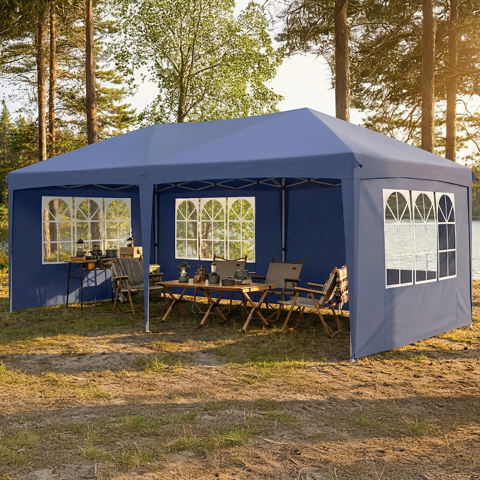 10'x20' Instant Pop Up Canopy Tent Blue, 6 Side Panels 2 Doors 4 Mesh Windows, 28/22mm Powder Coated Steel Frame, 10x20mm Crossbar, 210D Oxford Outdoor Folding Tent with Carry Bag, No Sandbags view 33