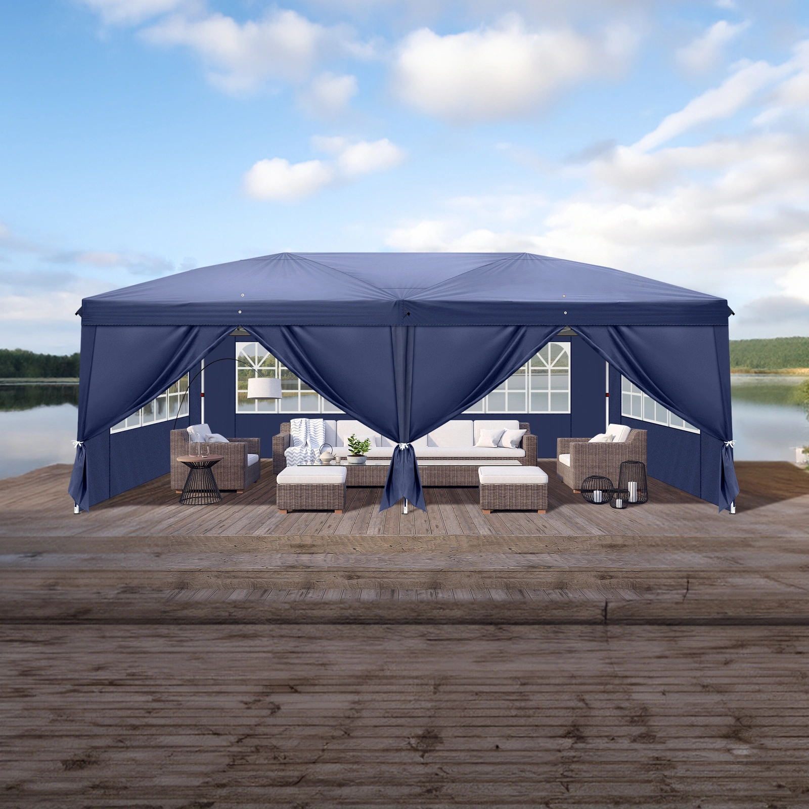 10'x20' Instant Pop Up Canopy Tent Blue, 6 Side Panels 2 Doors 4 Mesh Windows, 28/22mm Powder Coated Steel Frame, 10x20mm Crossbar, 210D Oxford Outdoor Folding Tent with Carry Bag, No Sandbags view 35