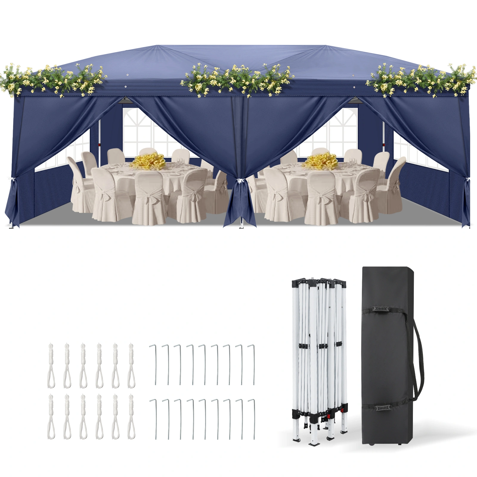 10'x20' Instant Pop Up Canopy Tent Blue, 6 Side Panels 2 Doors 4 Mesh Windows, 28/22mm Powder Coated Steel Frame, 10x20mm Crossbar, 210D Oxford Outdoor Folding Tent with Carry Bag, No Sandbags view 4
