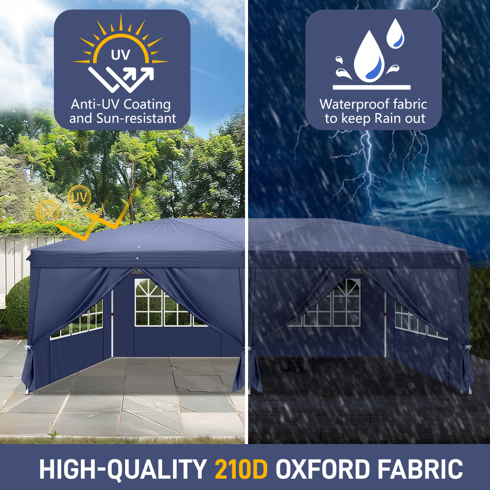 10'x20' Instant Pop Up Canopy Tent Blue, 6 Side Panels 2 Doors 4 Mesh Windows, 28/22mm Powder Coated Steel Frame, 10x20mm Crossbar, 210D Oxford Outdoor Folding Tent with Carry Bag, No Sandbags view 7