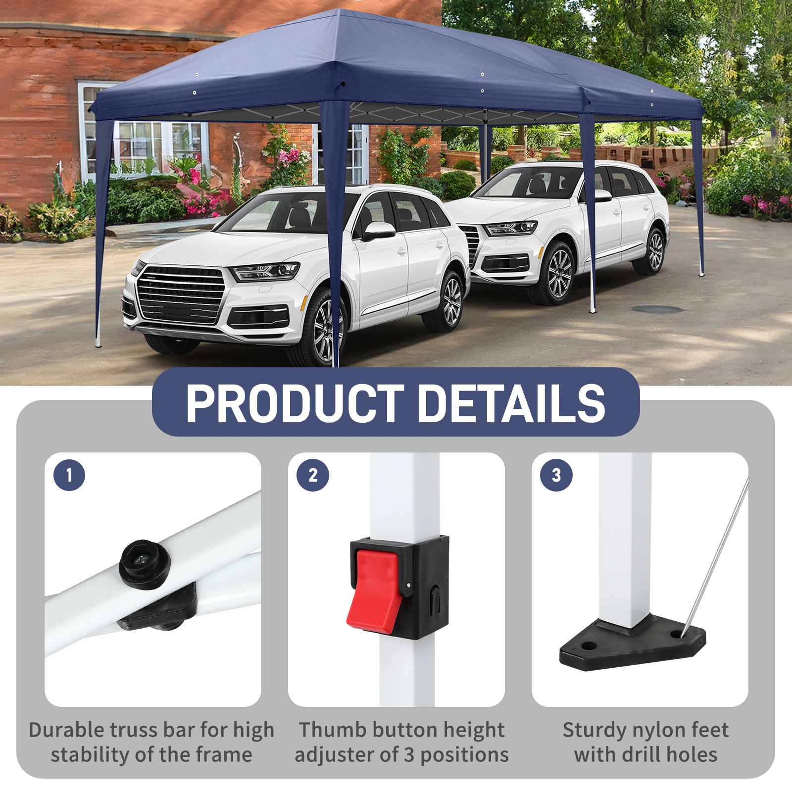 10'x20' Instant Pop Up Canopy Tent Blue, 6 Side Panels 2 Doors 4 Mesh Windows, 28/22mm Powder Coated Steel Frame, 10x20mm Crossbar, 210D Oxford Outdoor Folding Tent with Carry Bag, No Sandbags view 8