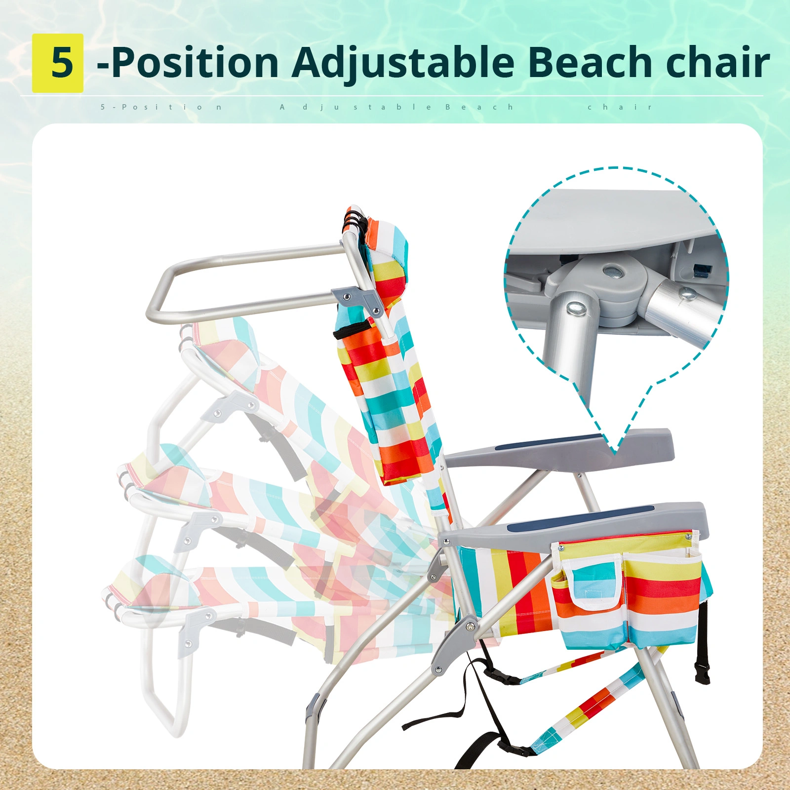 63*70*99cm Heightened Oxford Cloth Silver White Aluminum Tube Bearing 100kg Beach Chair Rainbow Stripes view 15
