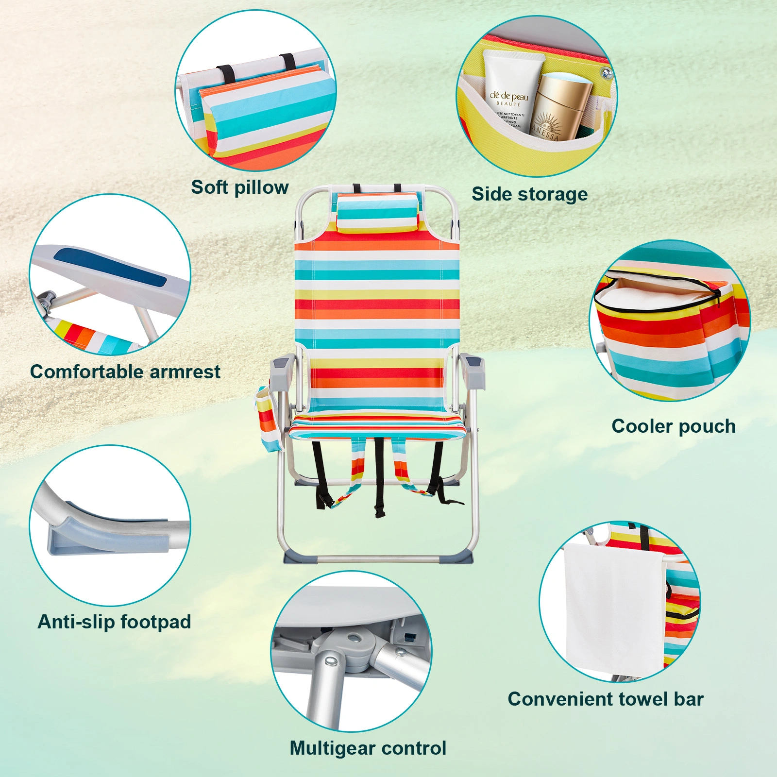 63*70*99cm Heightened Oxford Cloth Silver White Aluminum Tube Bearing 100kg Beach Chair Rainbow Stripes view 16