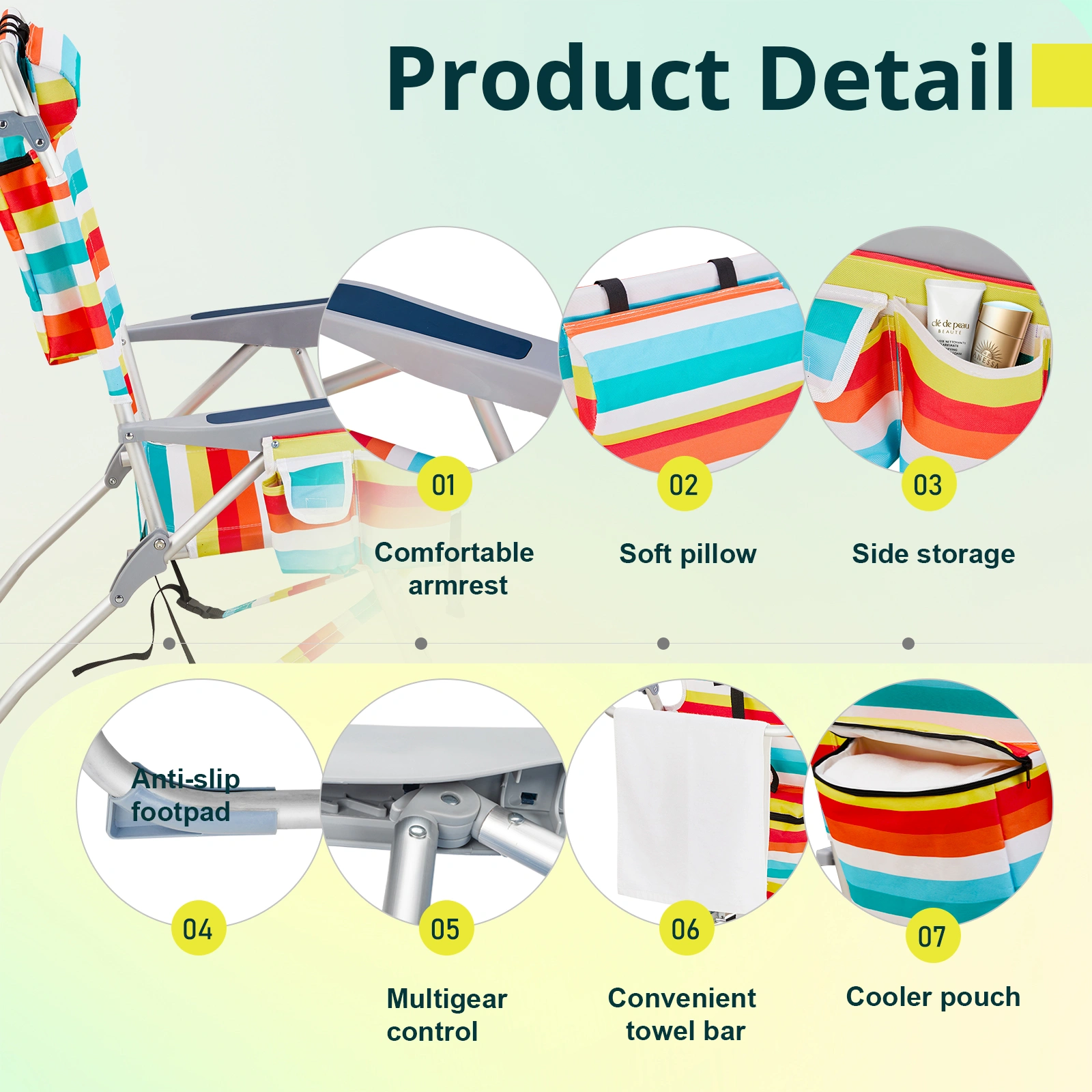 63*70*99cm Heightened Oxford Cloth Silver White Aluminum Tube Bearing 100kg Beach Chair Rainbow Stripes view 17