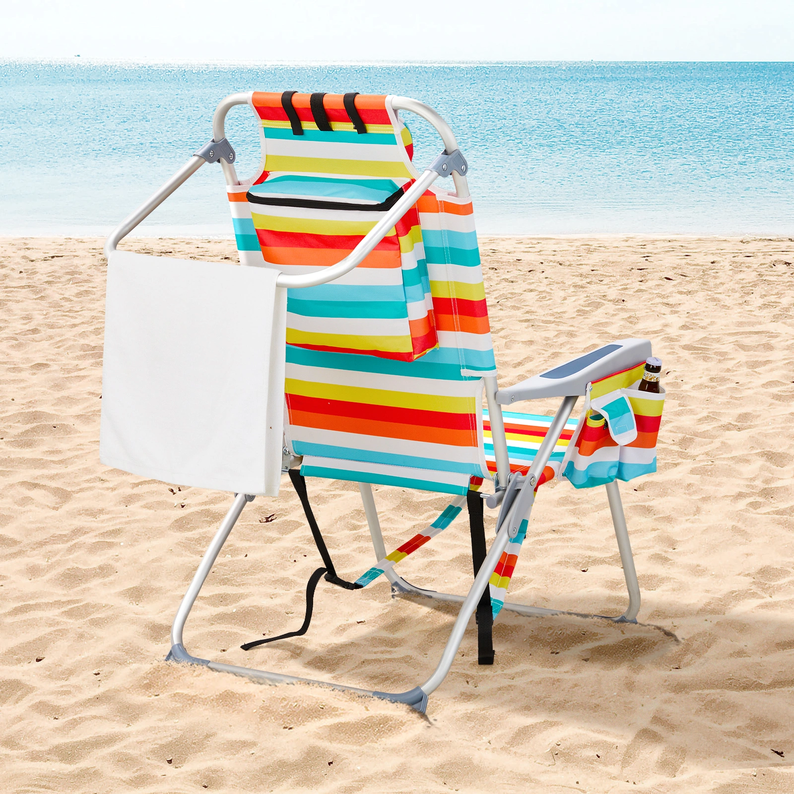 63*70*99cm Heightened Oxford Cloth Silver White Aluminum Tube Bearing 100kg Beach Chair Rainbow Stripes view 7