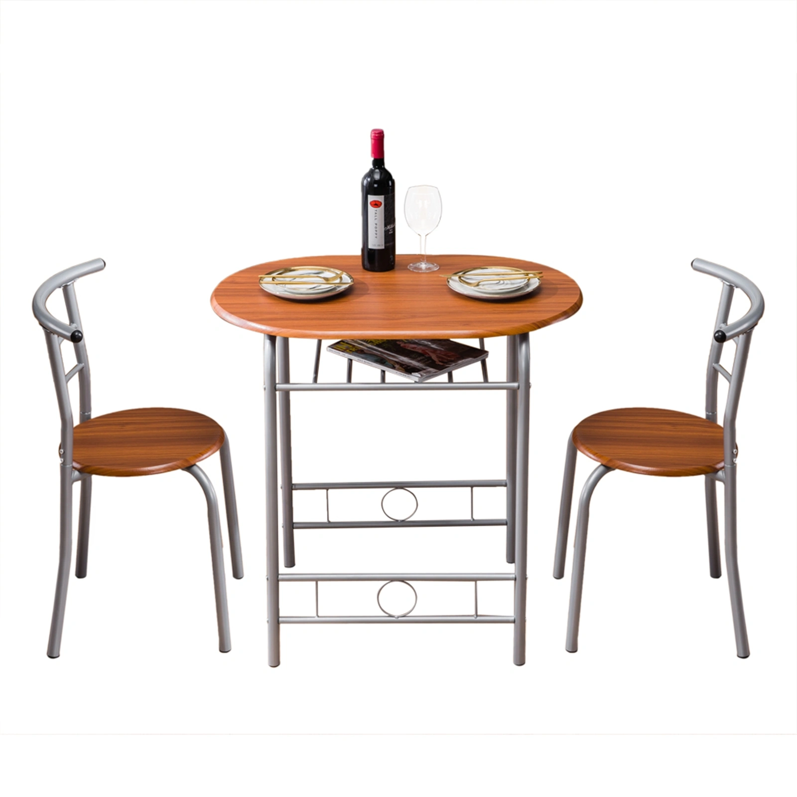 Brown Wood Grain PVC Breakfast Table Set with 2 Chairs, Compact Kitchen Dining Table