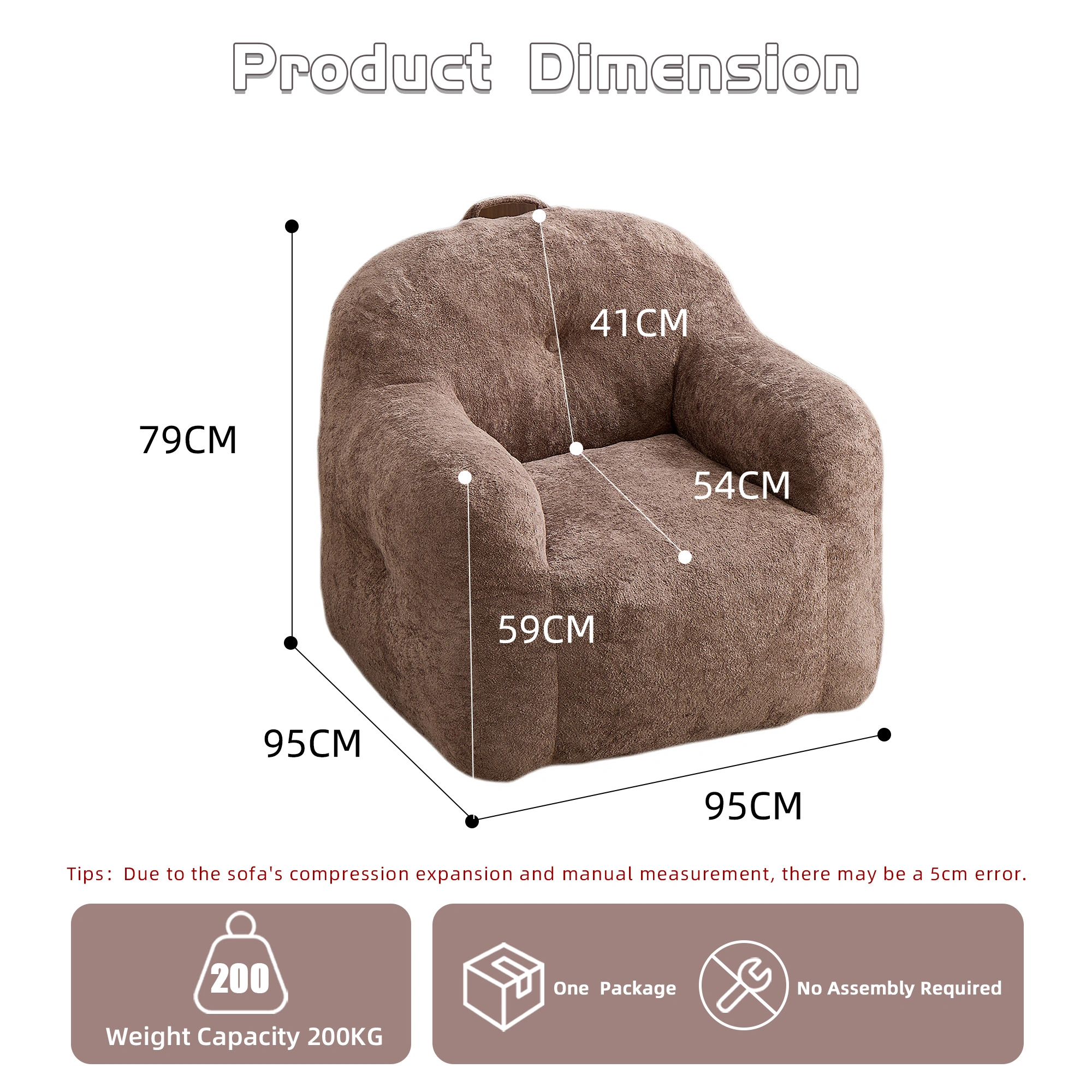 Faux Fur Bean Bag Chair with Armrests,Shredded Sponge Filler,Comfy Sofa for Living Room Bedroom No Assembly Required Khaki view 3