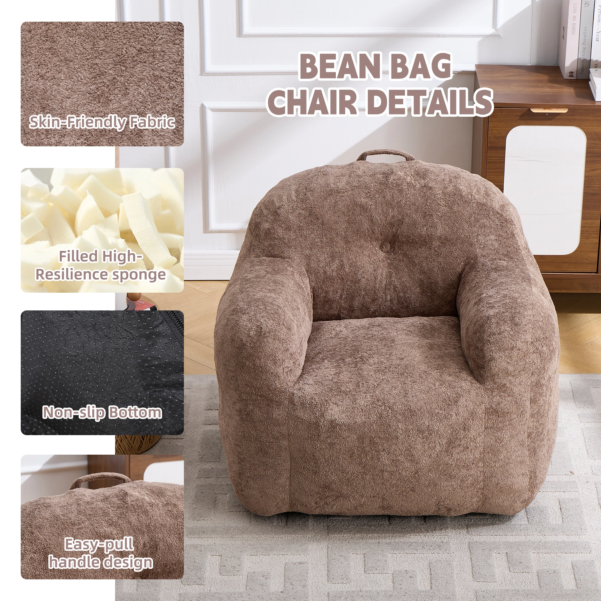 Faux Fur Bean Bag Chair with Armrests,Shredded Sponge Filler,Comfy Sofa for Living Room Bedroom No Assembly Required Khaki view 4