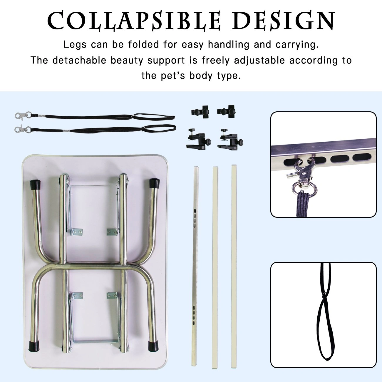 36" Folding Pet Grooming Table, Stainless Steel Frame, Rubber Mat, Adjustable Arm & Clamps, Silver Gray view 3