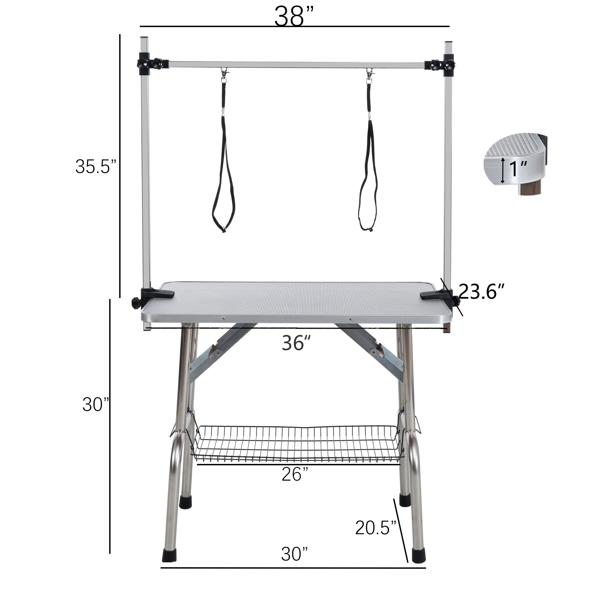 36" Folding Pet Grooming Table, Stainless Steel Frame, Rubber Mat, Adjustable Arm & Clamps, Silver Gray view 6