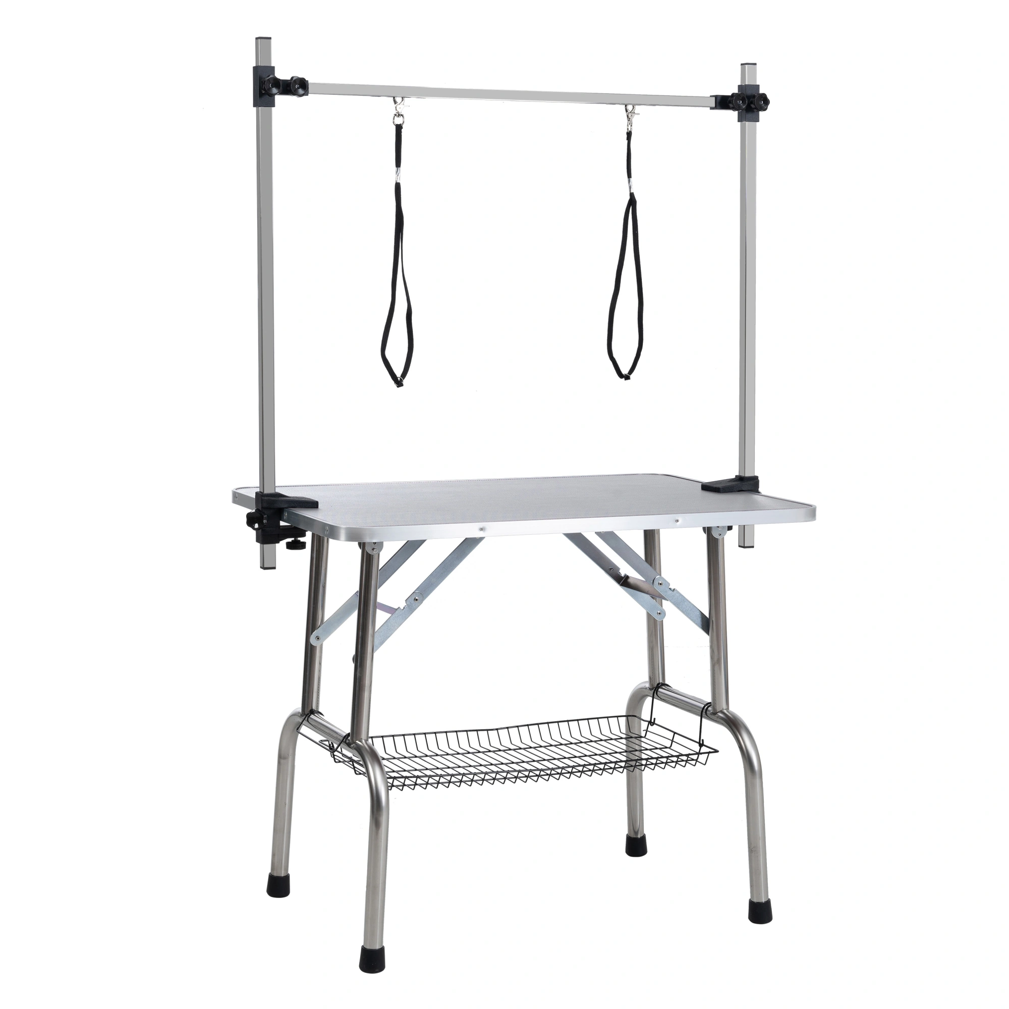 36" Folding Pet Grooming Table, Stainless Steel Frame, Rubber Mat, Adjustable Arm & Clamps, Silver Gray view 8