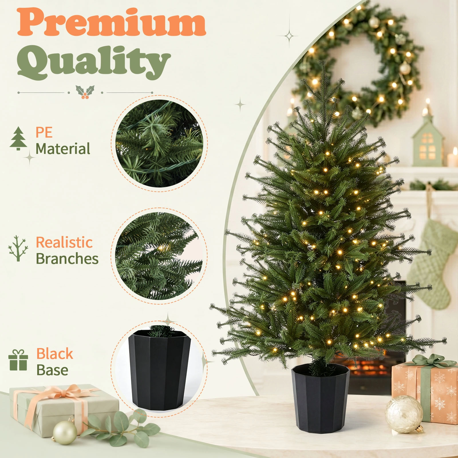 3FT Artificial Christmas Tree Pre-Lit, Green PE Mini Xmas Tree, 80 Warm White LED Lights 8 Modes, 100 Branch Tips, Black Round Pot Base, Battery Operated view 6