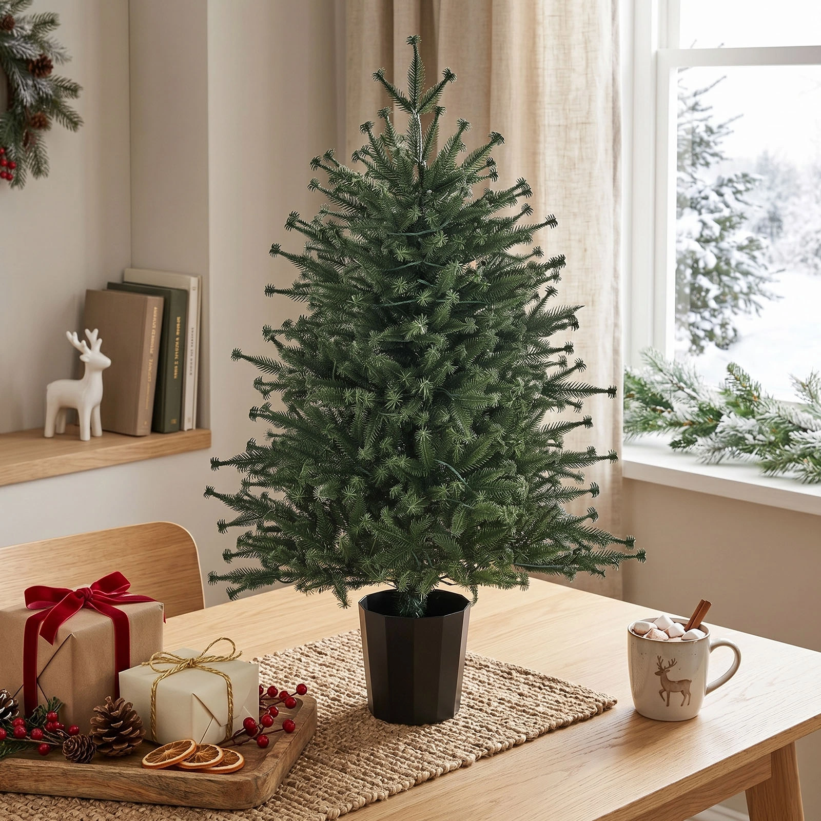 3FT Artificial Christmas Tree Pre-Lit, Green PE Mini Xmas Tree, 80 Warm White LED Lights 8 Modes, 100 Branch Tips, Black Round Pot Base, Battery Operated view 8