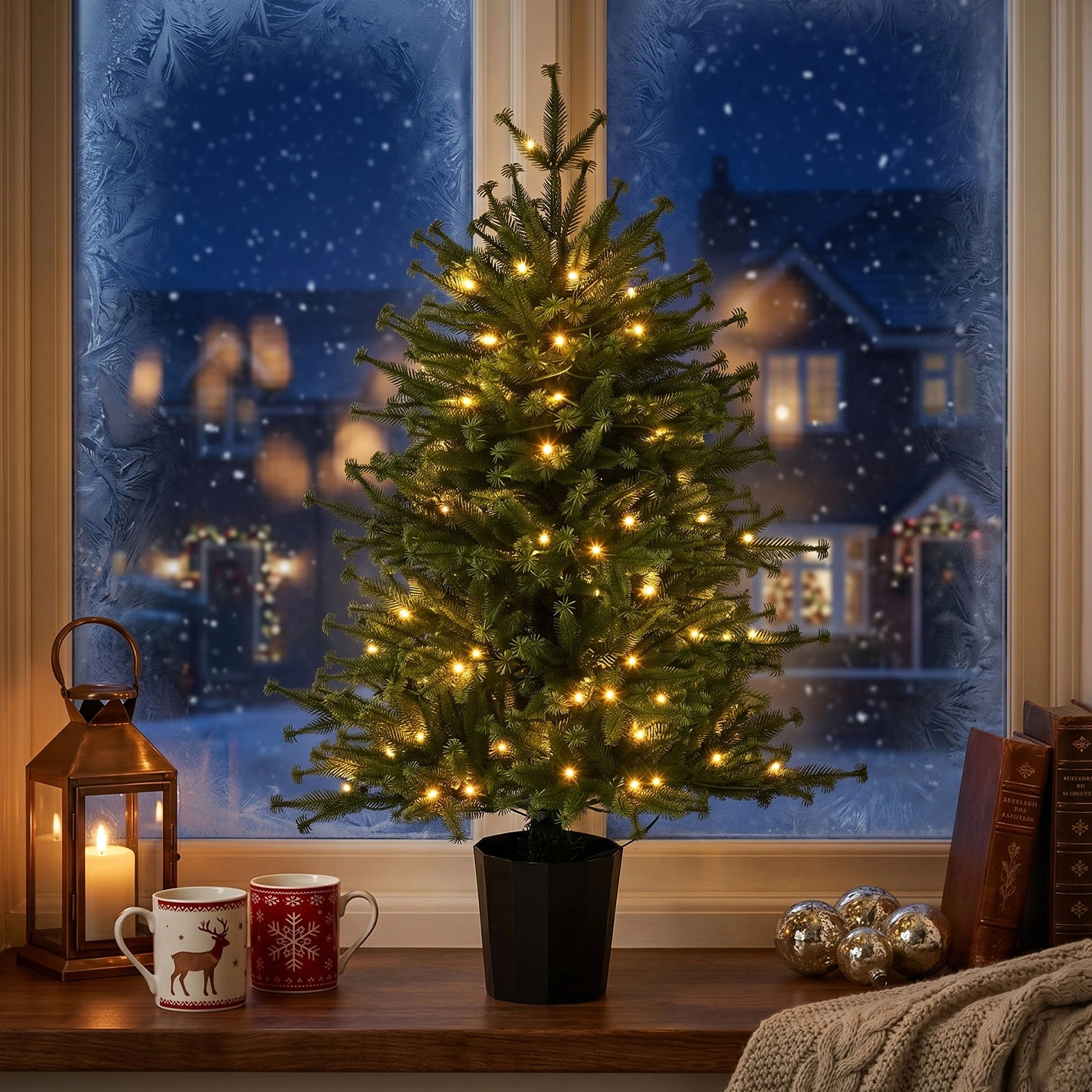 3FT Artificial Christmas Tree Pre-Lit, Green PE Mini Xmas Tree, 80 Warm White LED Lights 8 Modes, 100 Branch Tips, Black Round Pot Base, Battery Operated view 9
