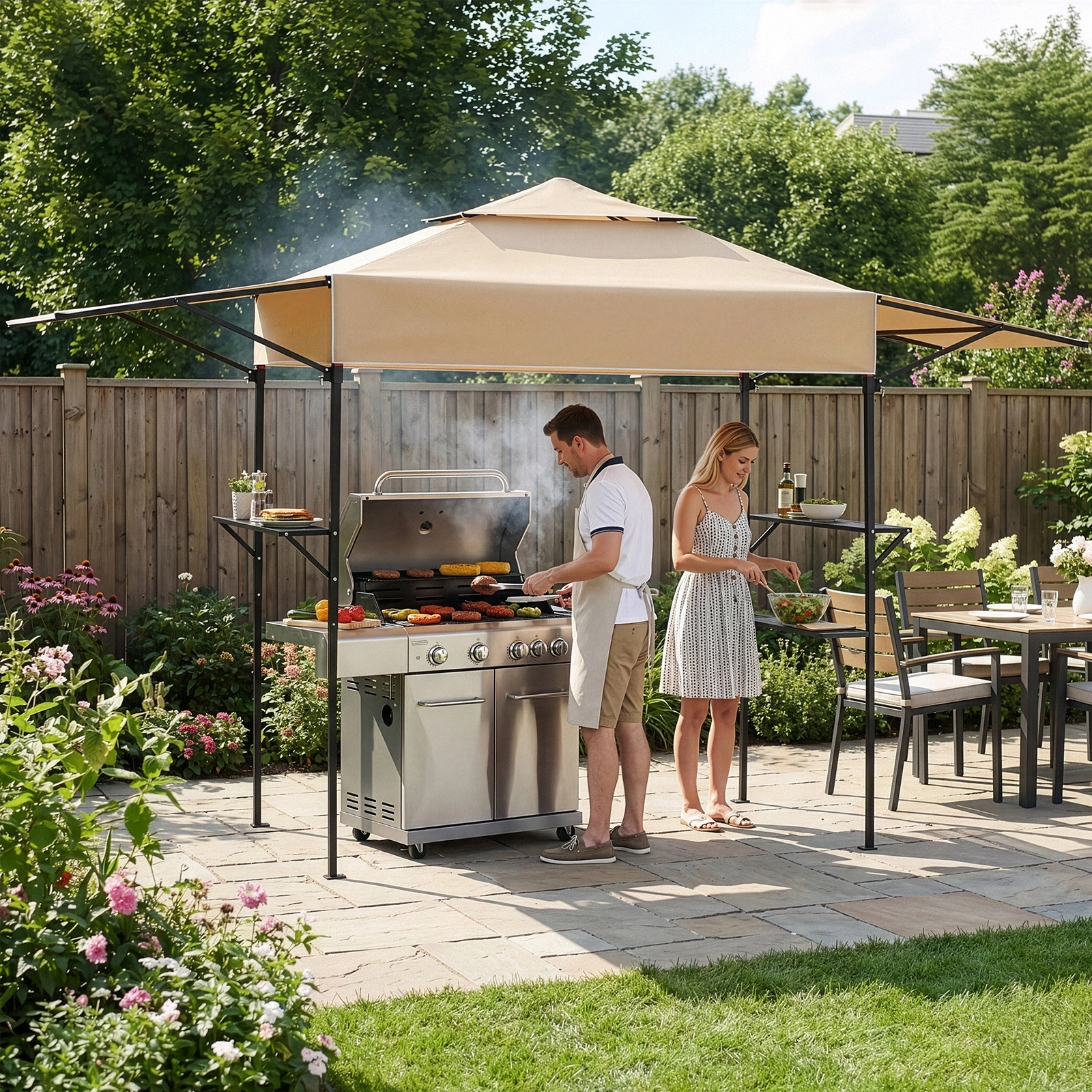 3.3x12.5FT Double Top Grill Gazebo, Khaki Polyester BBQ Canopy with Adjustable Side Sunshades, Black Powder Coated Folding Frame, Dual Mesh Trays & Carry Bag view 17